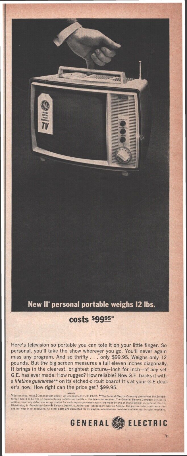 1964 GE Portable Television General Electric TV Vintage Magazine Print Ad