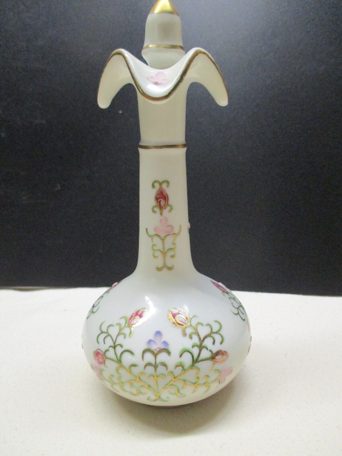 Vtg. Hand Painted Perfume Bottle, Gold Accents, Applied Flowers, W/Stopper