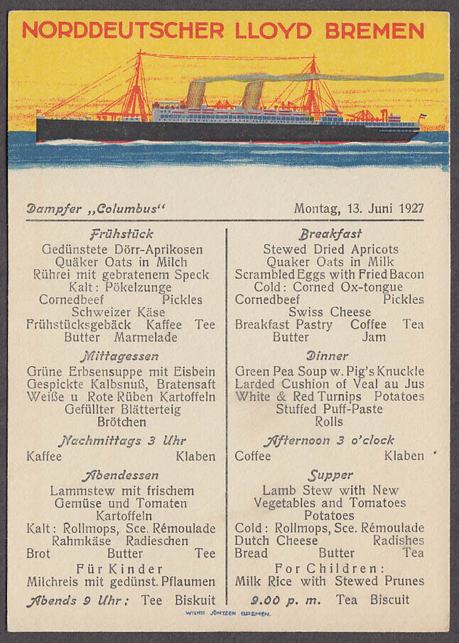 Norddeutscher Lloyd Bremen S S Columbus Breakfast Menu post card 6/13 1927