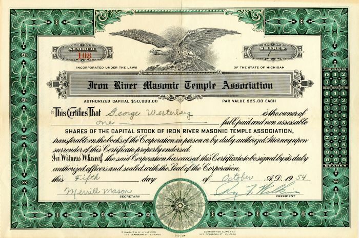 Iron River Masonic Temple Association - Stock Certificate - General Stocks