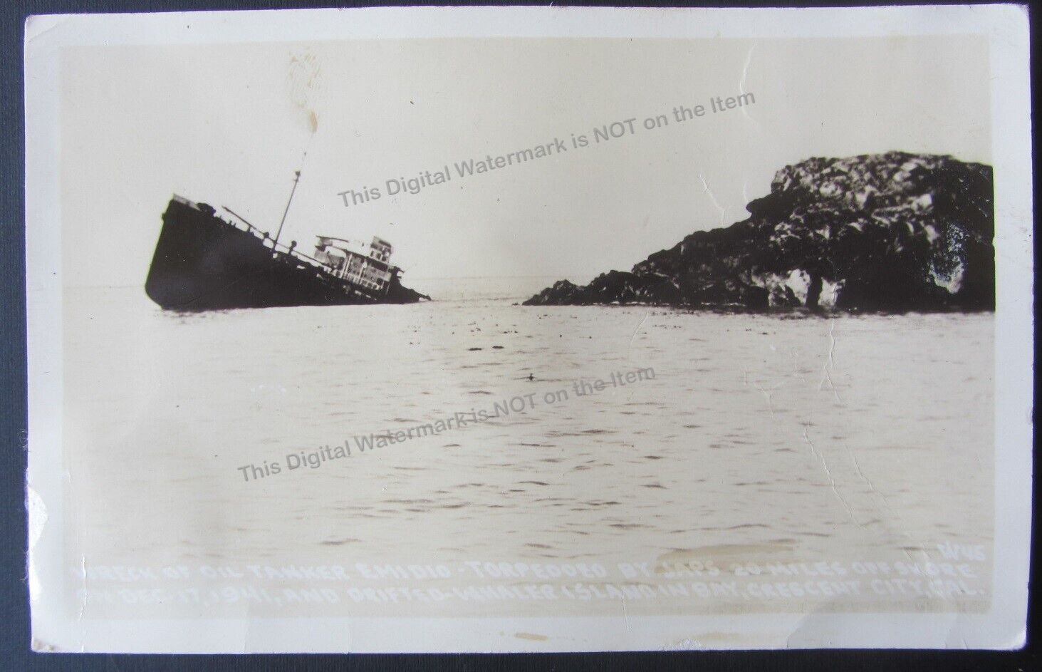 1941 RPPC Wreck of Oil Tanker Emidio Torpedoed by Japs WWII Crescent City CA