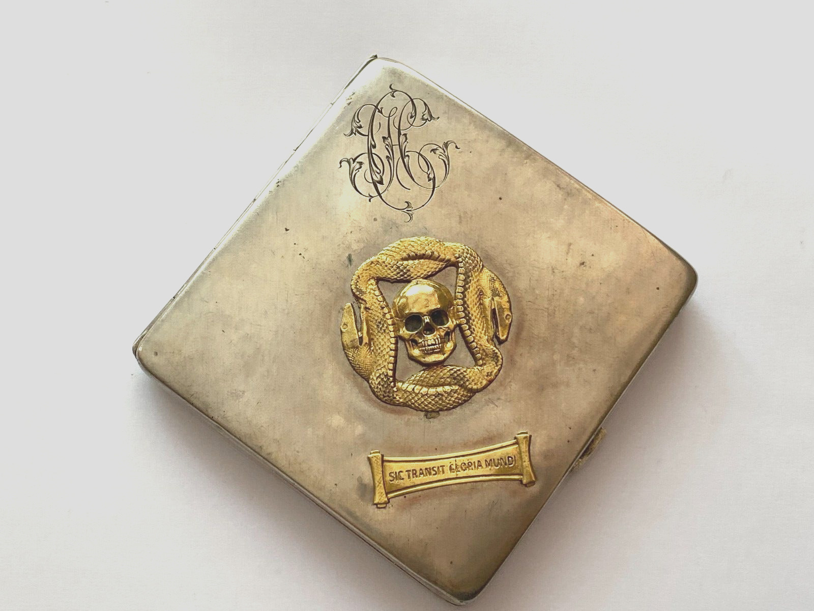 Antique Victorian Silver 800 Gold Plated Memento Mori Skulls Snake Cigarette Box