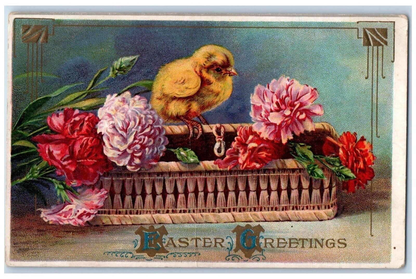 c1910\'s Easter Greetings Chick Flowers Basket Embossed Posted Antique Postcard