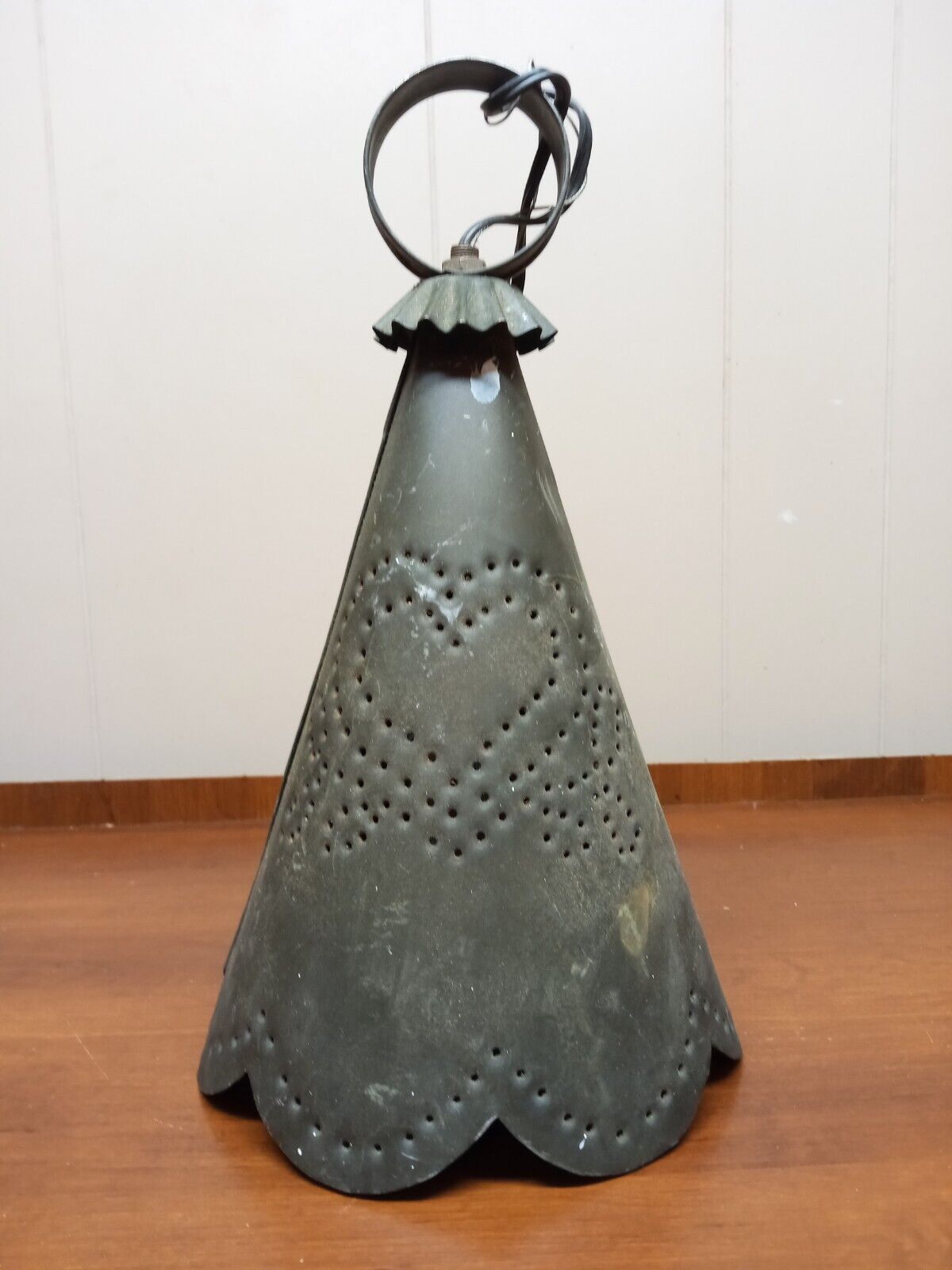 Vintage Punched Metal Hanging Light Pendent Primitive Witches Hat Industrial 