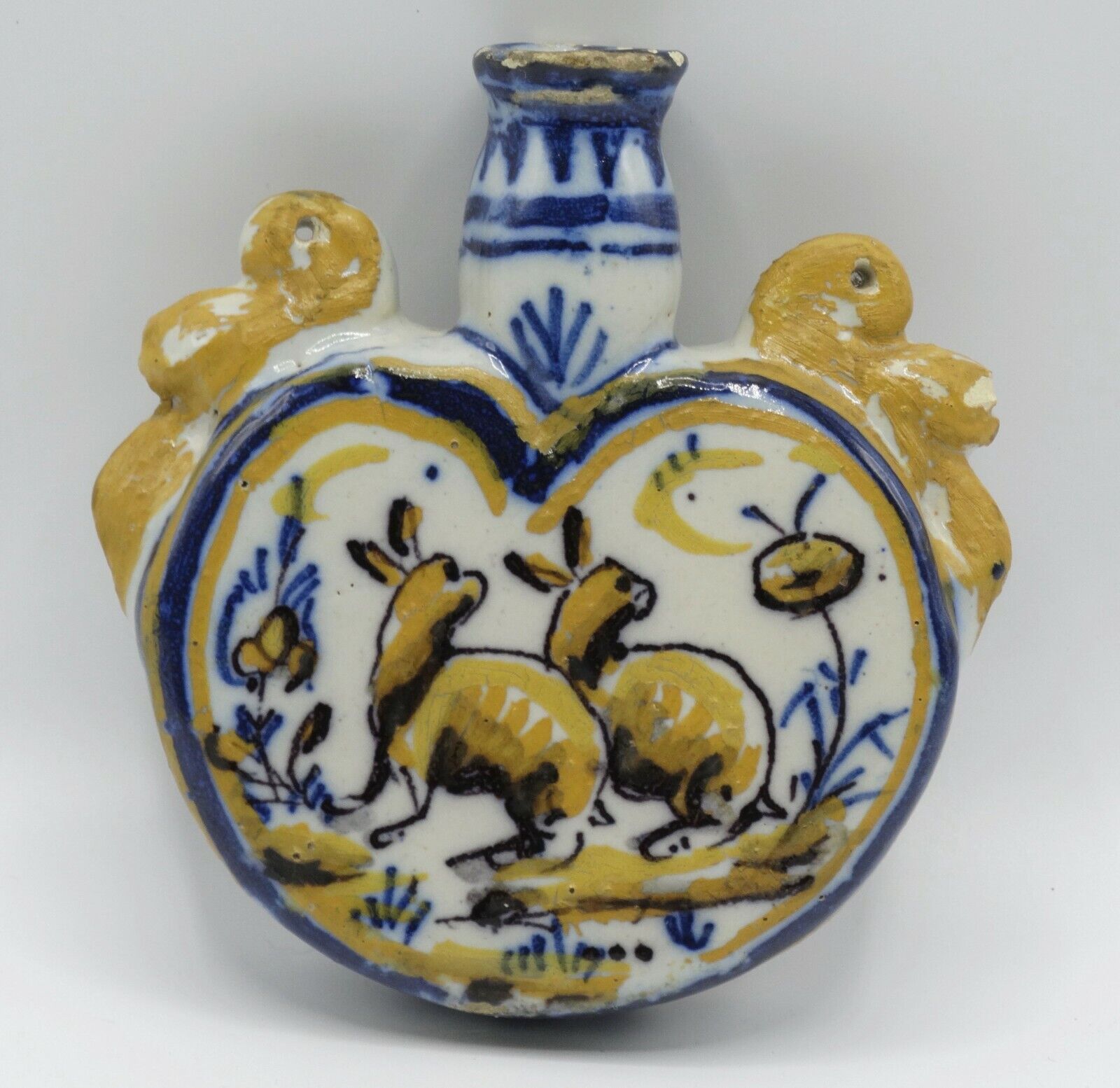 Antique French Faience Flask With Dog & Rabbits Polychrome 