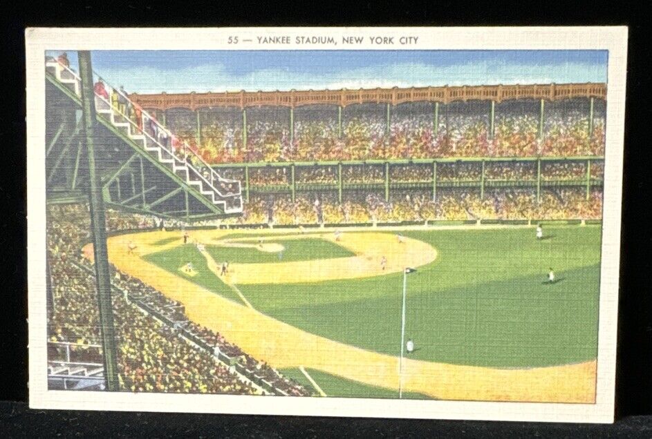 Vintage Early Linen Yankee Stadium Postcard, Uncirculated. Inside view.