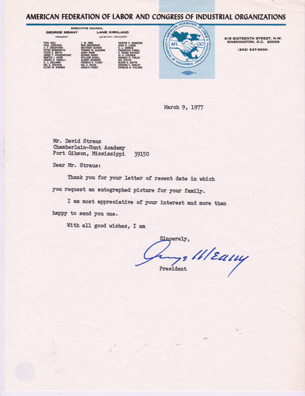 SIGNED AFL-CIO UNION PRESIDENT GEORGE MEANY - 1977 LETTER