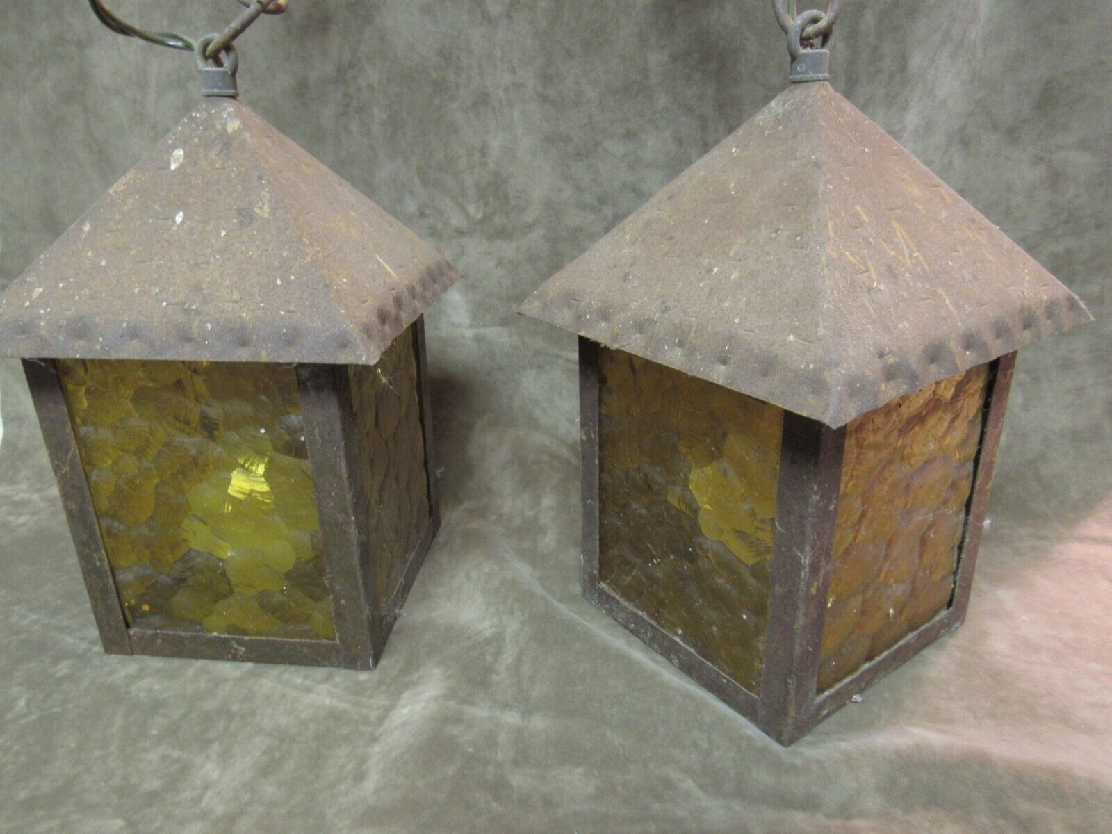 Vintage Square Metal Amber Glass Storybook House Ceiling Light Fixture Pair ASIS