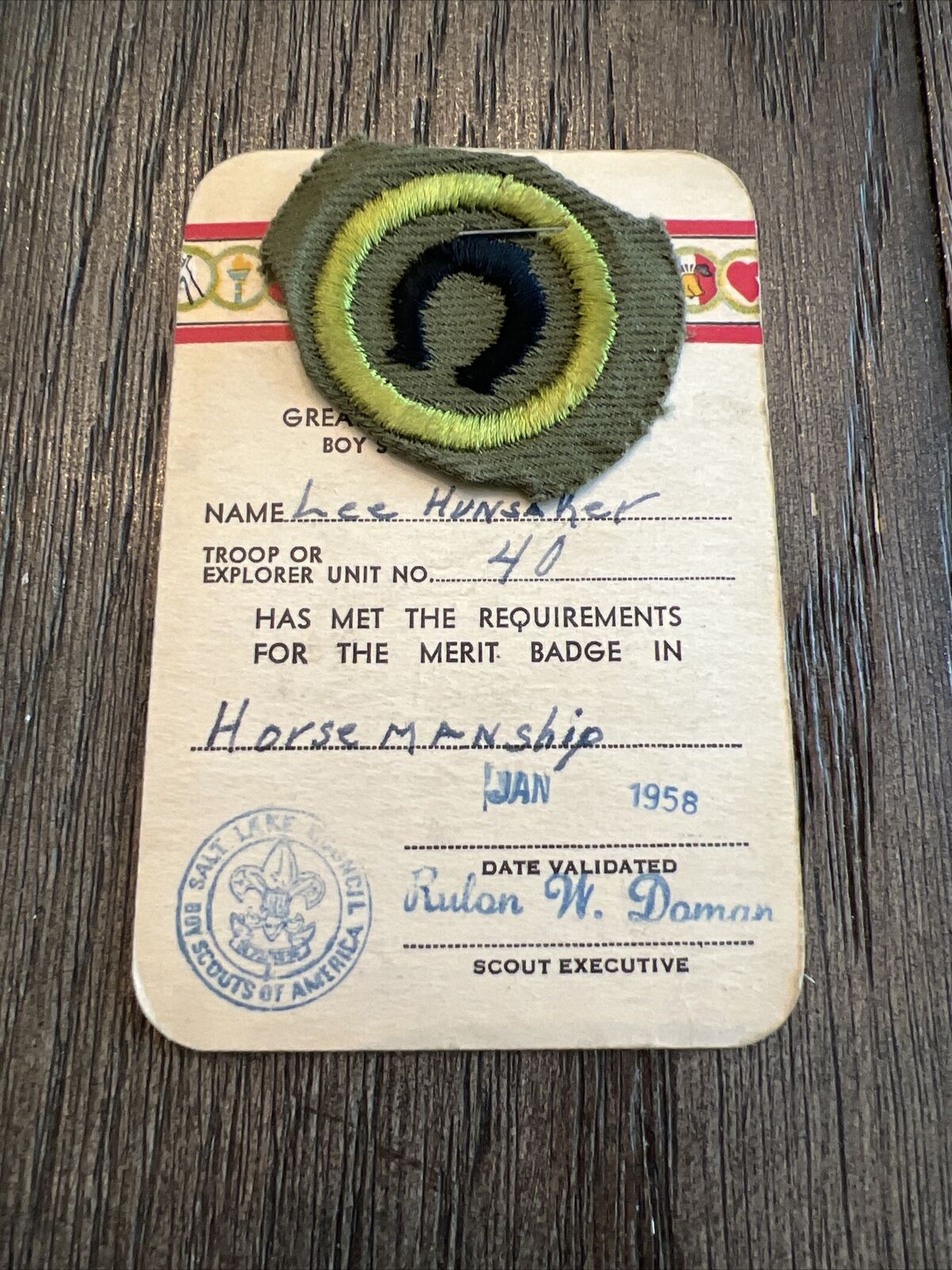 Vintage Boy Scout 1958 Horsemanship Merit Badge Registration Card & Merit Badge