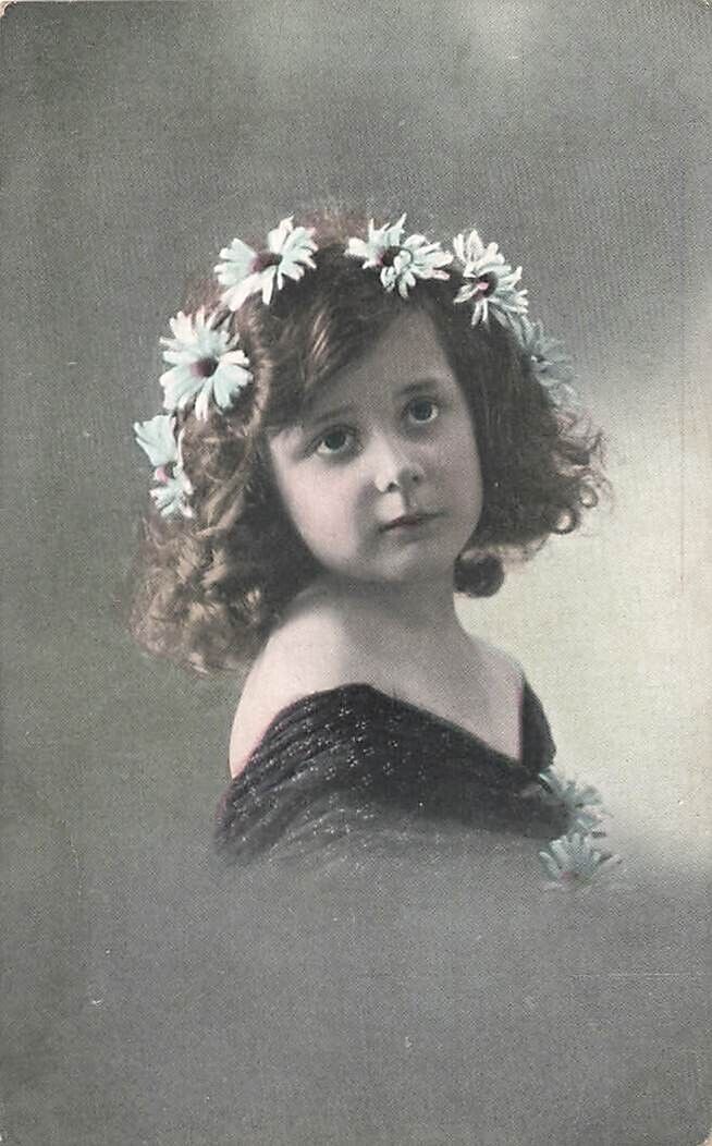 Postcard Little Girl Formal Dress Flowers Headband