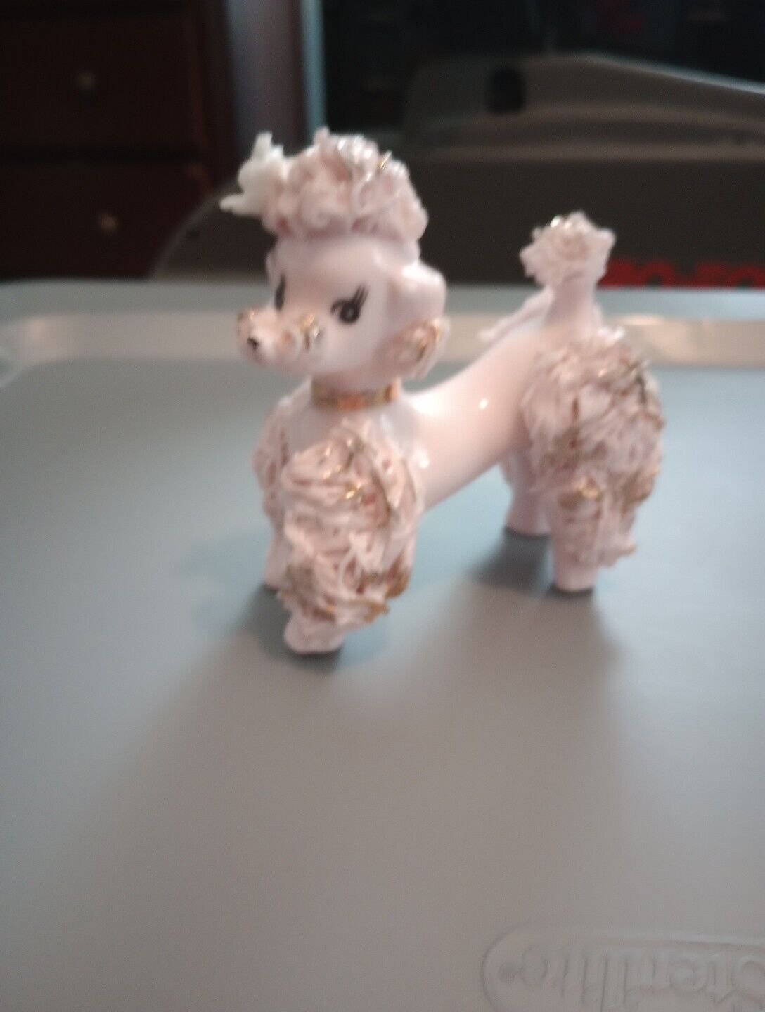 Vintage Ceramic Pink Poodle with Spaghetti Hair 3.75” L x 4” Tall .Marked Inarco