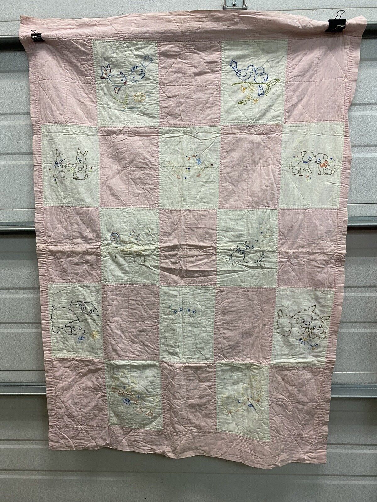 Vintage Pink Embroidered Animals Baby Quilt Blanket