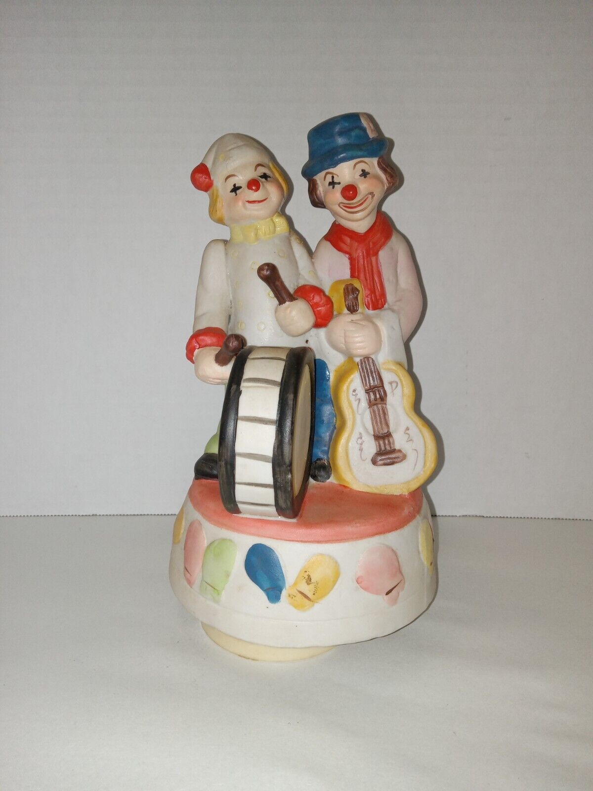 Vintage Porcelain Clowns Wind Up Music Box W/ Guitar & Drums 9