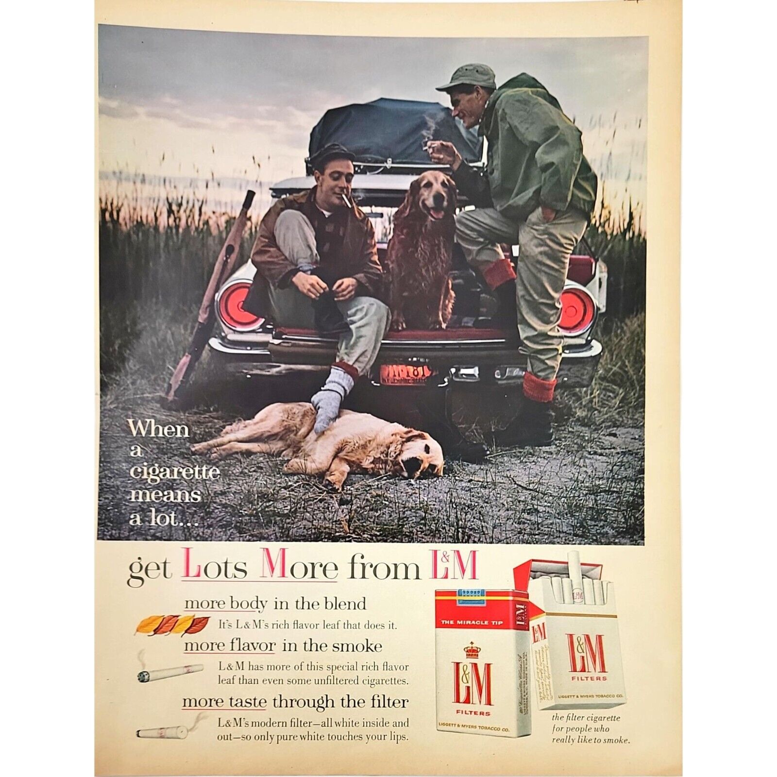 L&M Cigarettes 2 Guys Hunting With 2 Dogs Vintage Oct 1963 Print Ad 10x13