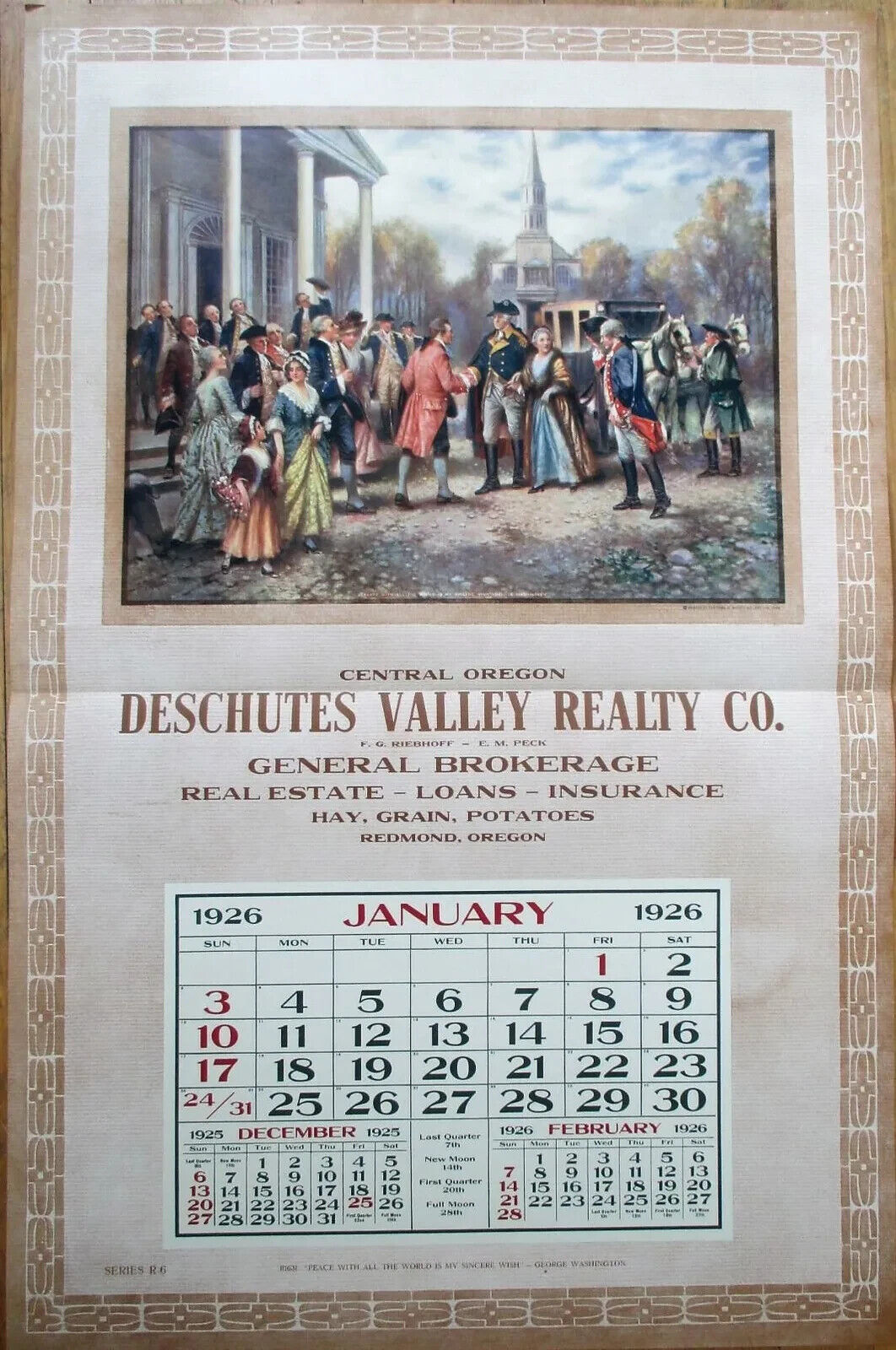 Redmond, OR 1926 Advertising Calendar 21x33 Poster Real Estate George Washington