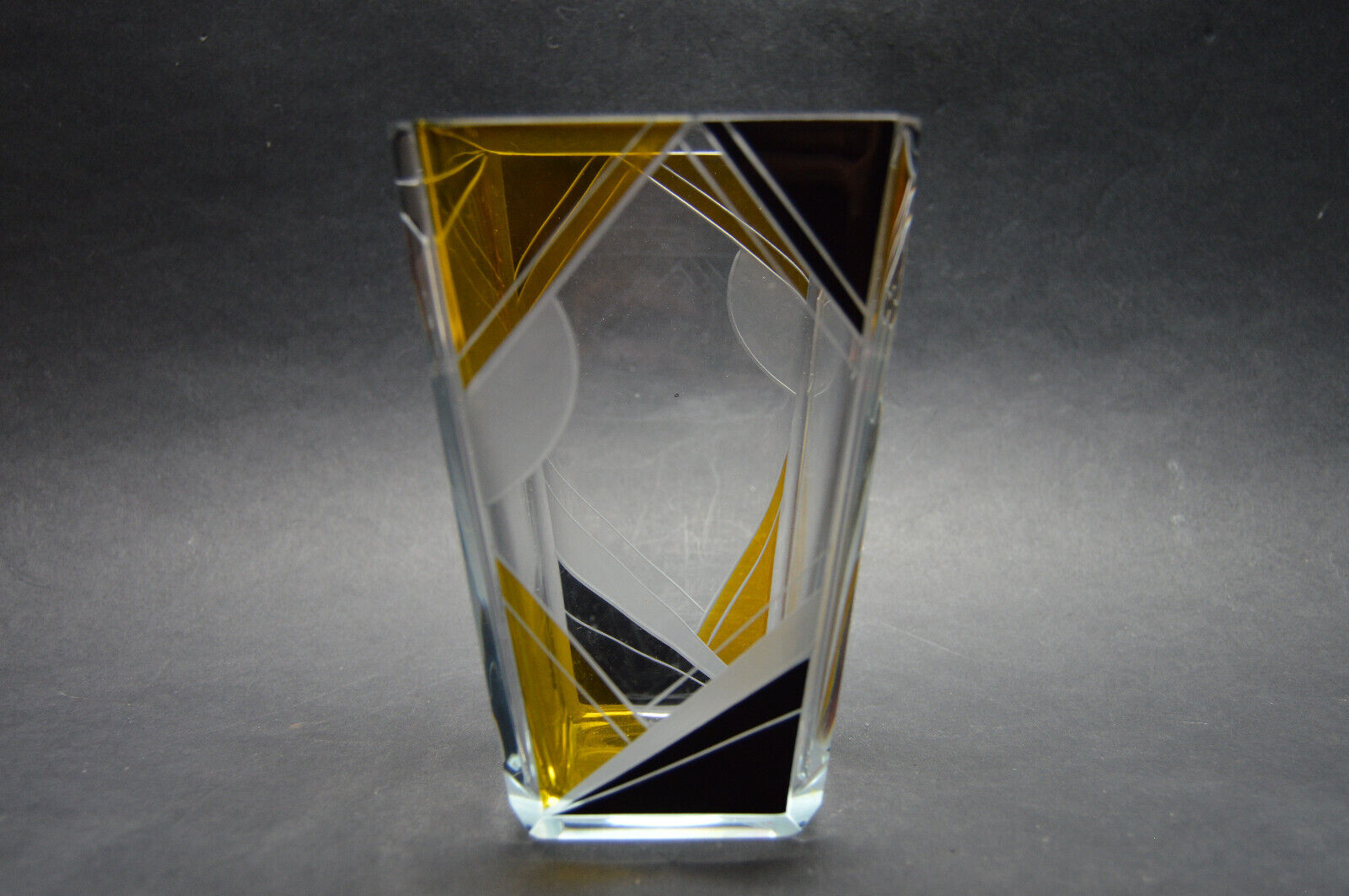 VTG Czech Art Deco Clear Glass Vase with Black and Yellow Enamel Karl Palda