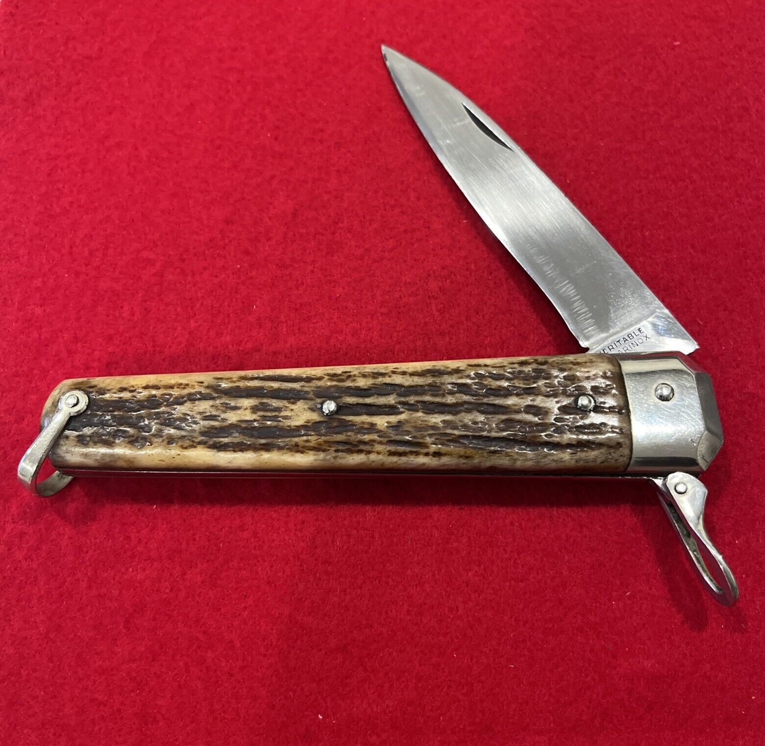 RARE Vintage French Large Bone Handle Veritable Issarinox Folding Hunter Knife