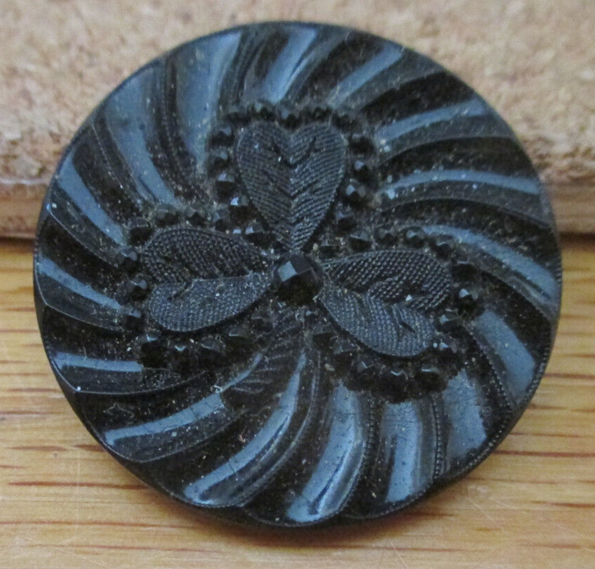 1-Czech Glass 1930\'s Fancy Beaded Shamrock on a Round Black Button - 30.27mm