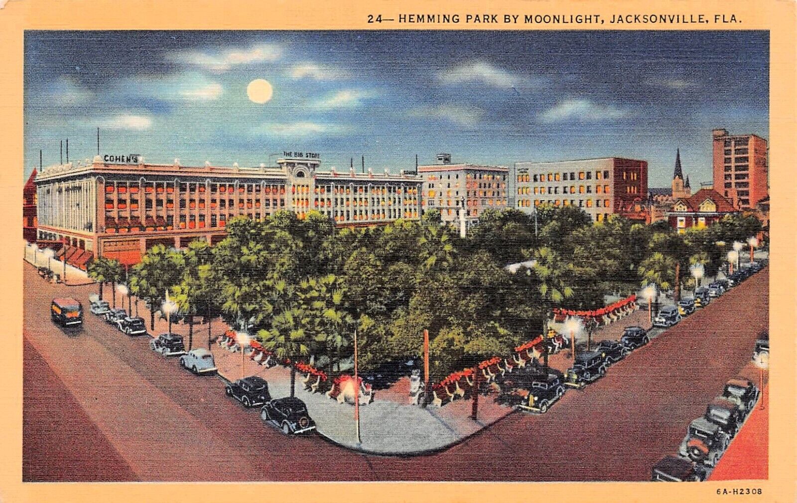 Jacksonville FL Florida Hemming Park Moonlight Downtown Night Vtg Postcard D4