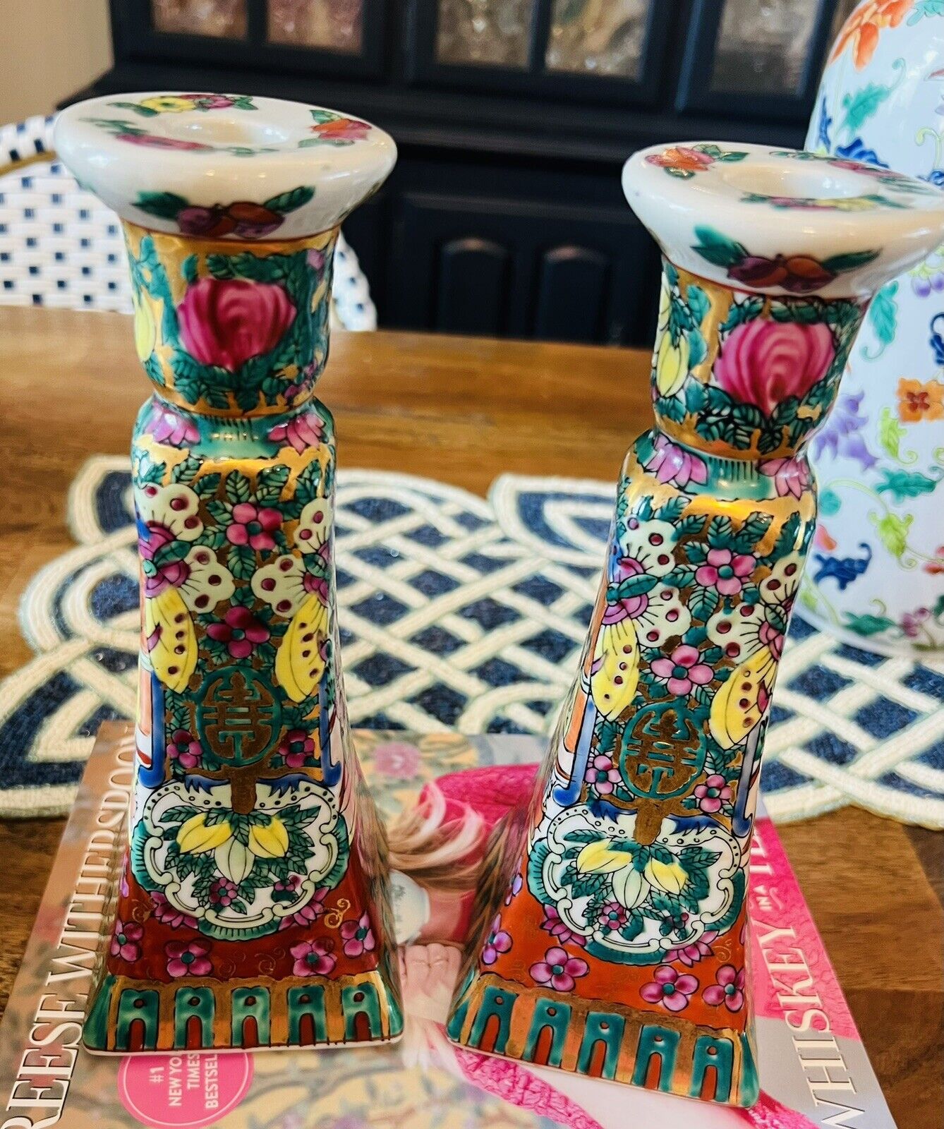 Pair Of vintage Chinese Rose Medallion Porcelain Candle Stick Holders, 9”