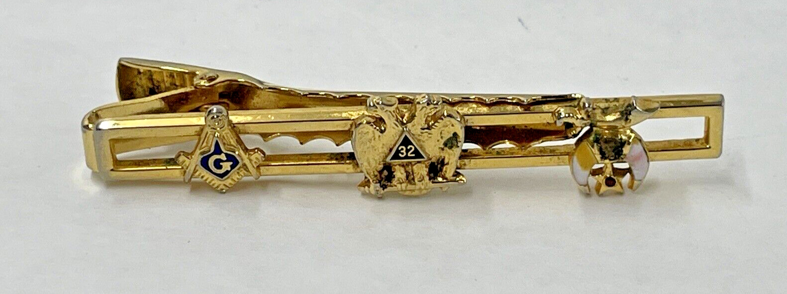 Vintage Masonic Enamel Tie Bar Clip 32 Degree Shriners Goldtone Freemason