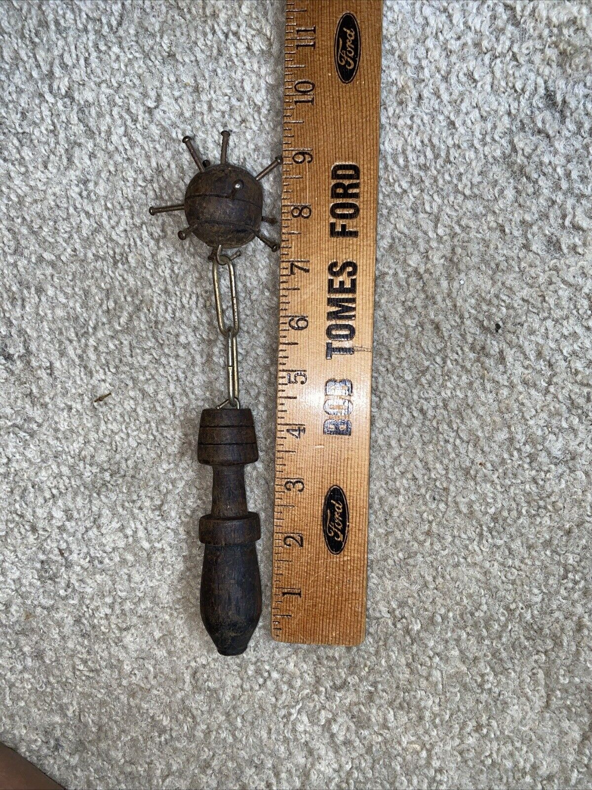 Antique Iron Spiked Flail Mace Wooden Ball & Handle Old Chain Linked 8 Inch Long