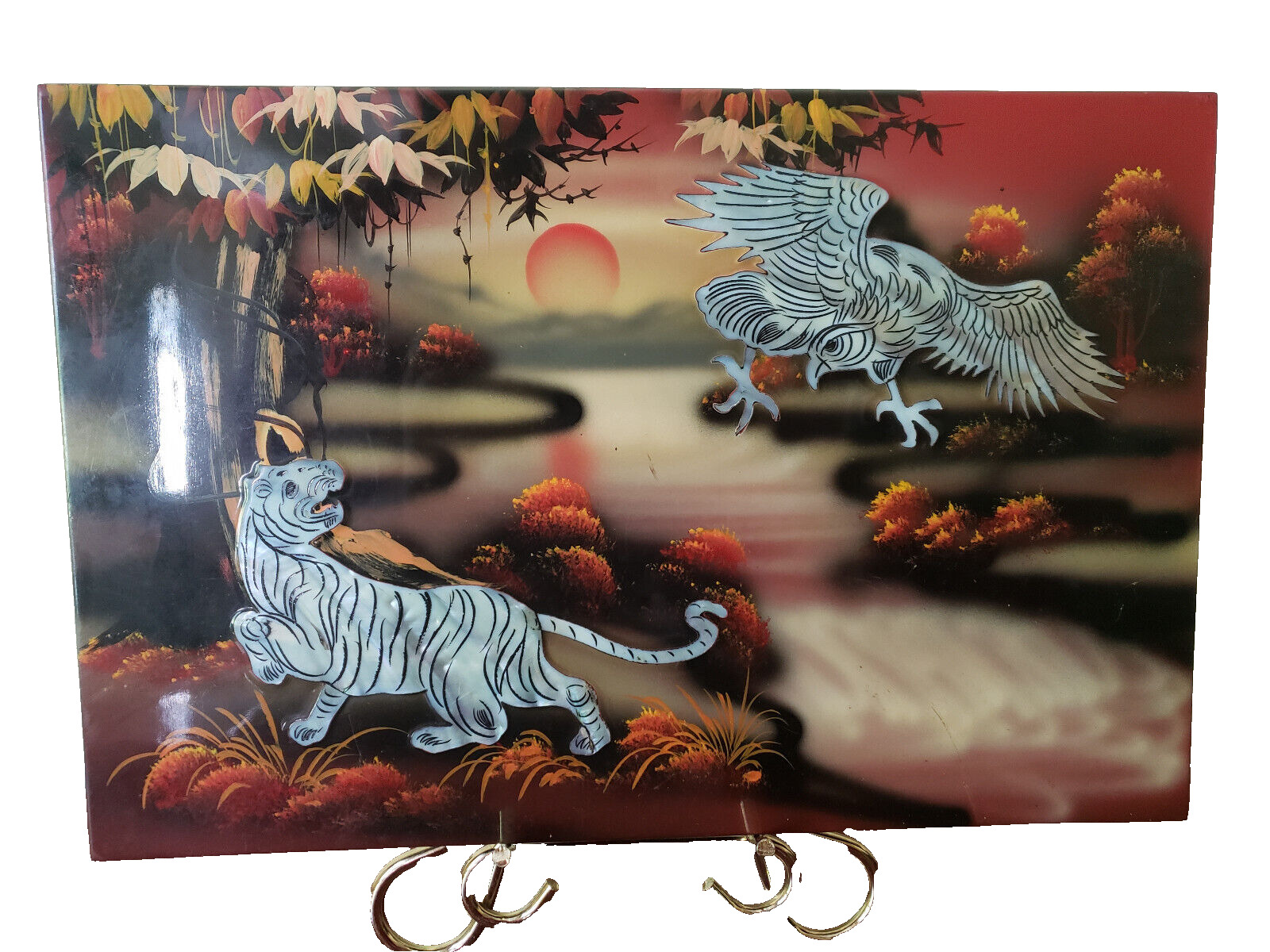 Vintage Vietnamese Lacquer Wood Art Panel w Mother of Pearl Tiger and Bird Scene