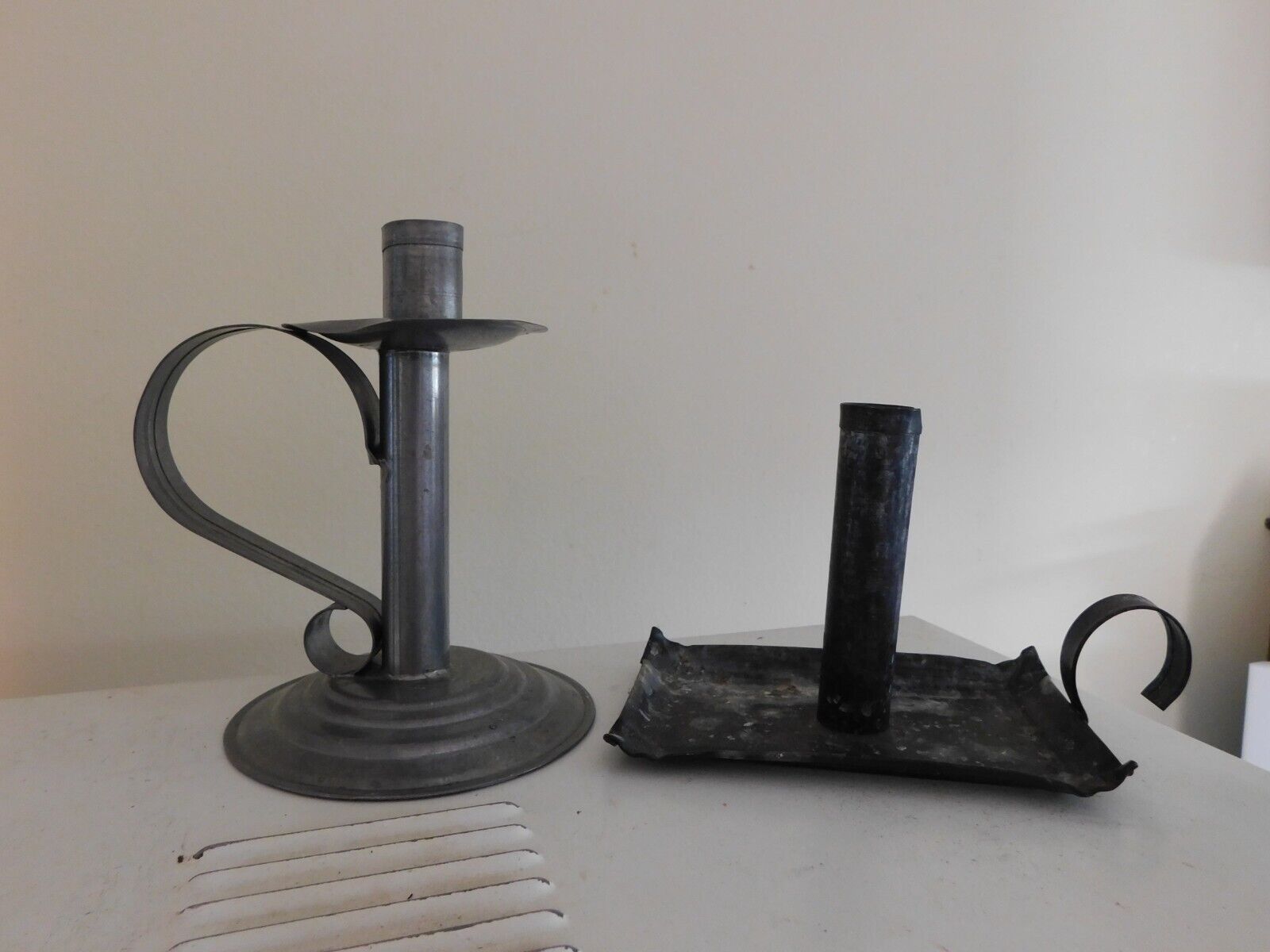 2 Vintage Tin Taper Candle Holders with handles primitive Farmhouse
