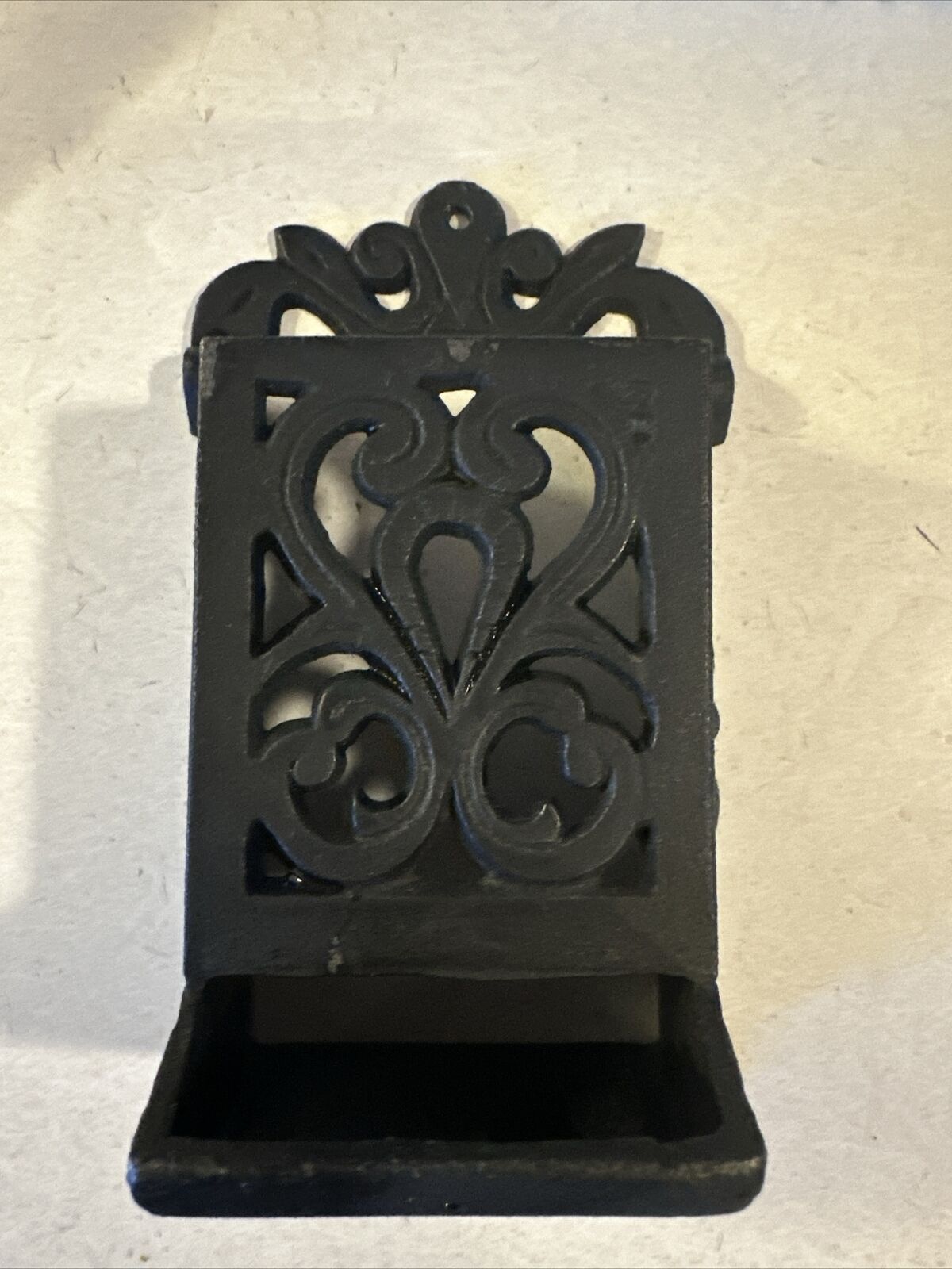 Vintage Black Ornate Cast Iron Wall Mount Match Box Holder Dispenser Farm Decor
