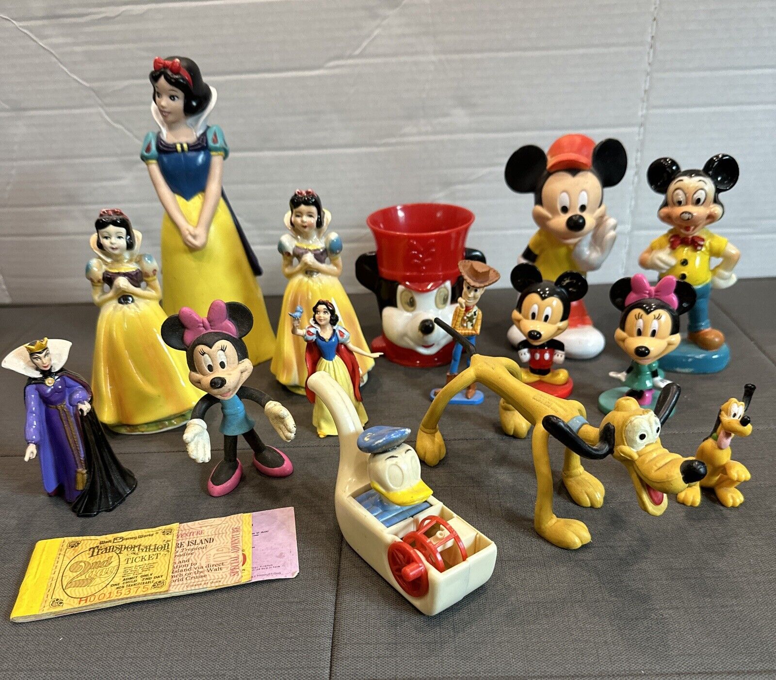 Vintage Disney Toy Lot, Disney Tickets, Mickey, Snow White, Pluto, Cup, Bobble
