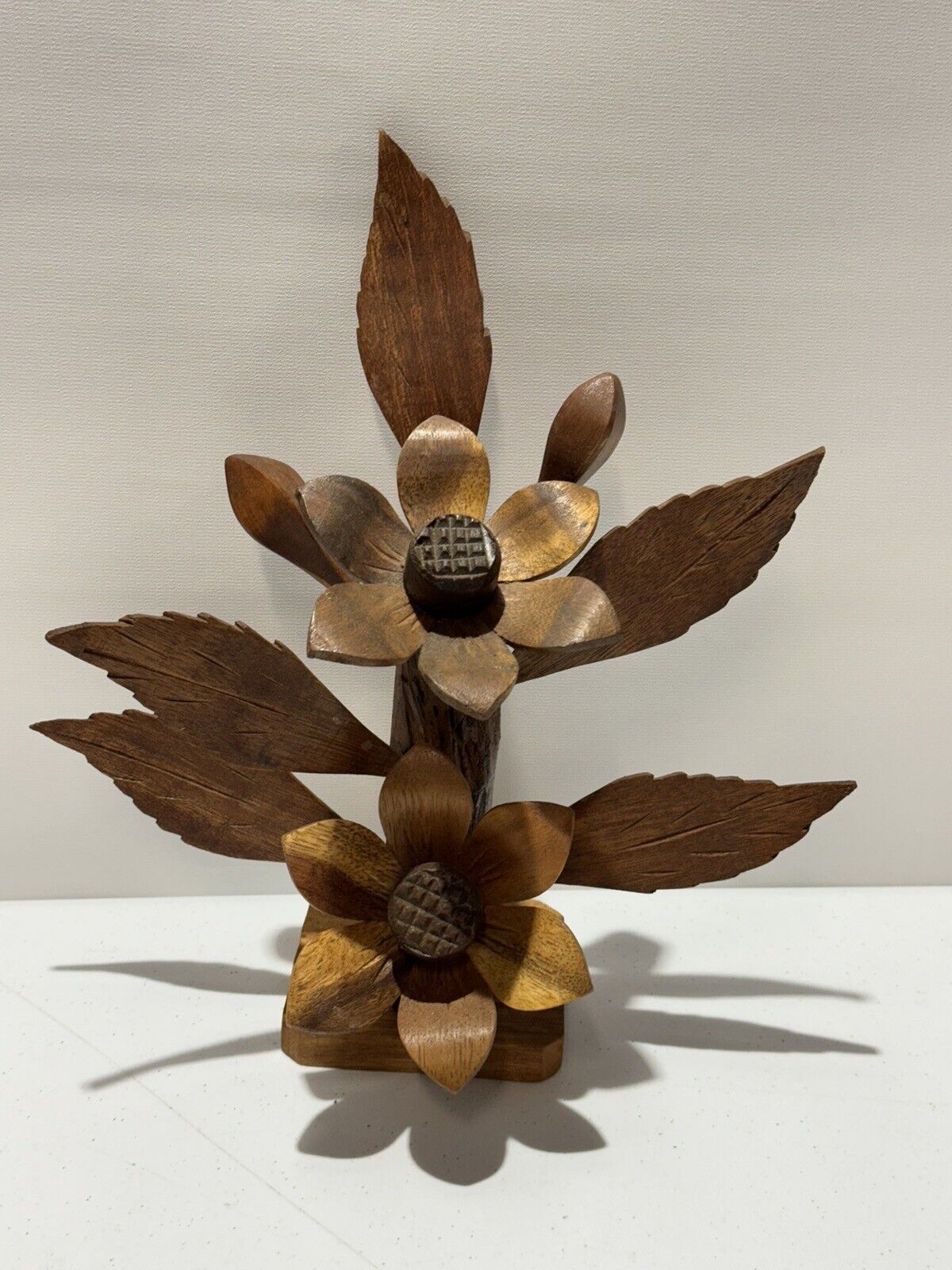 Vintage Wood Flowers Leaves Sculpture Philippines Hand Crafted 12\