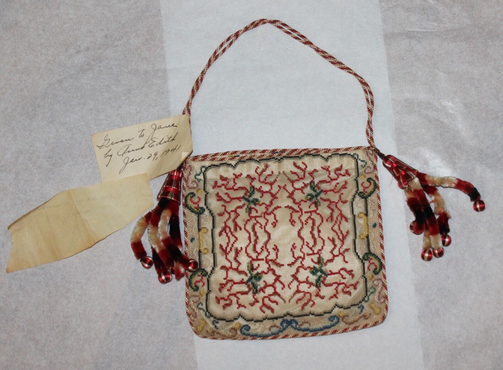 Estate Old 19c Siam Thai or Chinese Coral Needlepoint Embroidered Bag Purse PROV