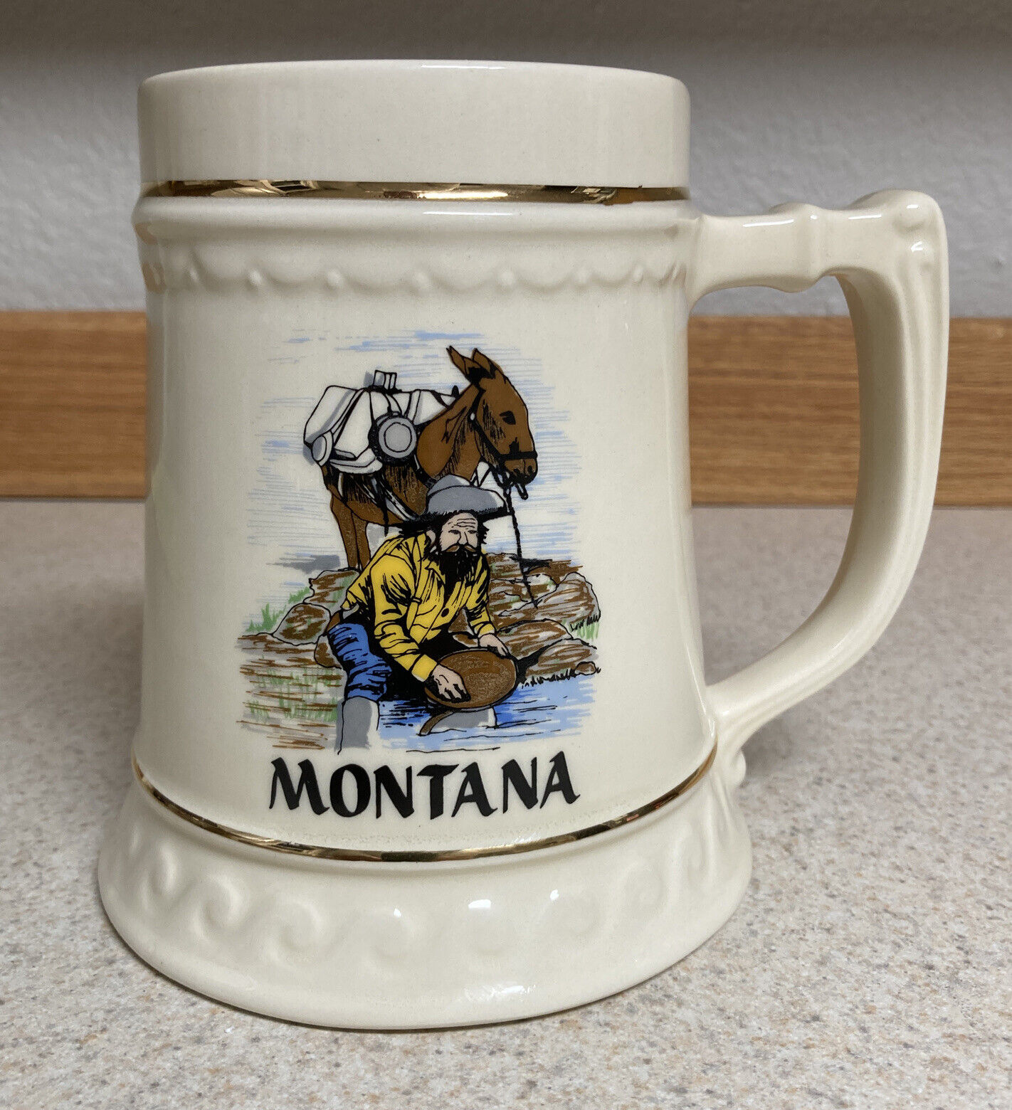 Vintage Montana MT Ceramic Souvenir Mug Miners, Mine Workers, Panning Gold