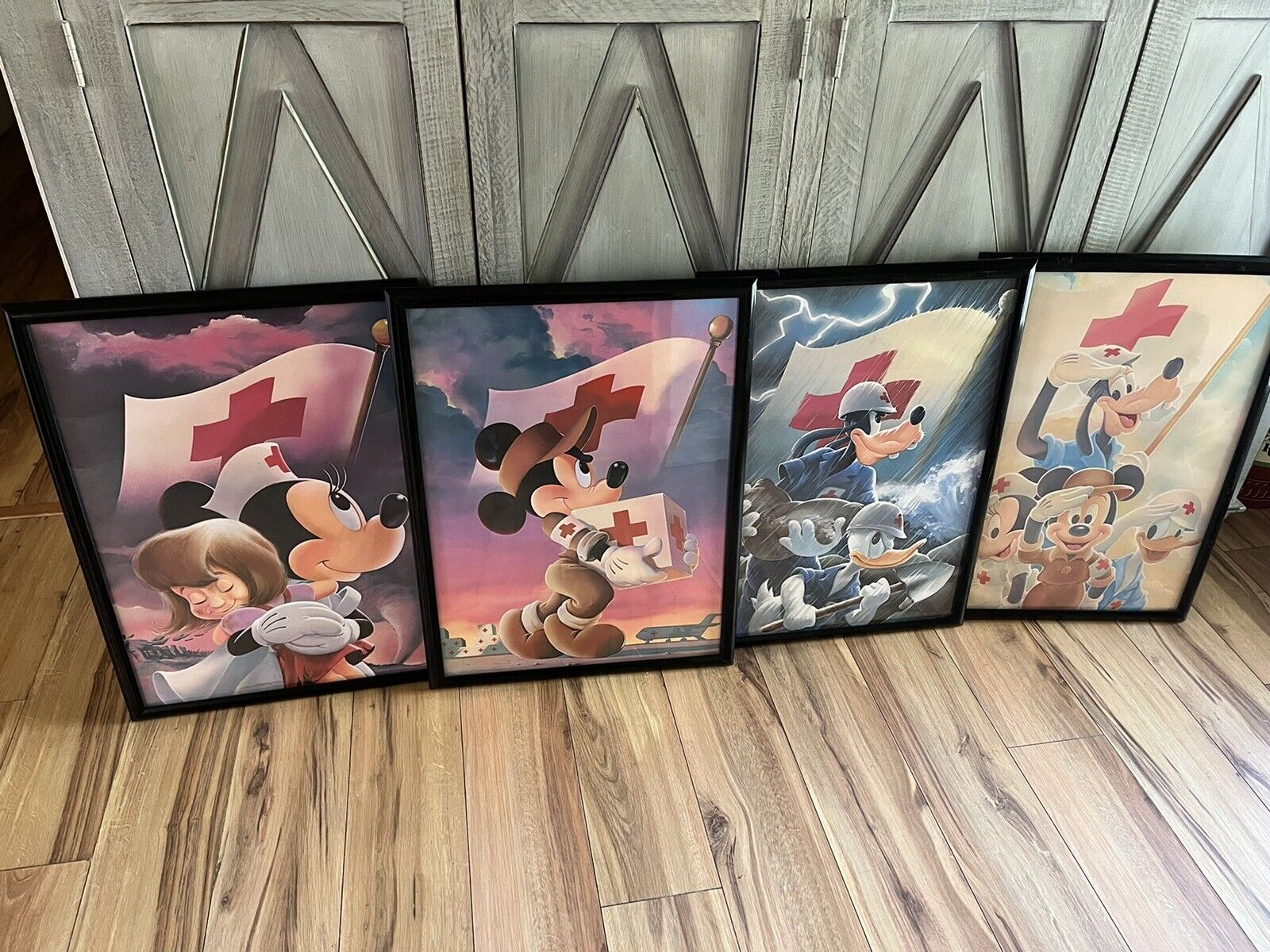 Framed Set of 4 Rare 1992 Walt Disney Mickey Mouse Red Cross Posters 26\