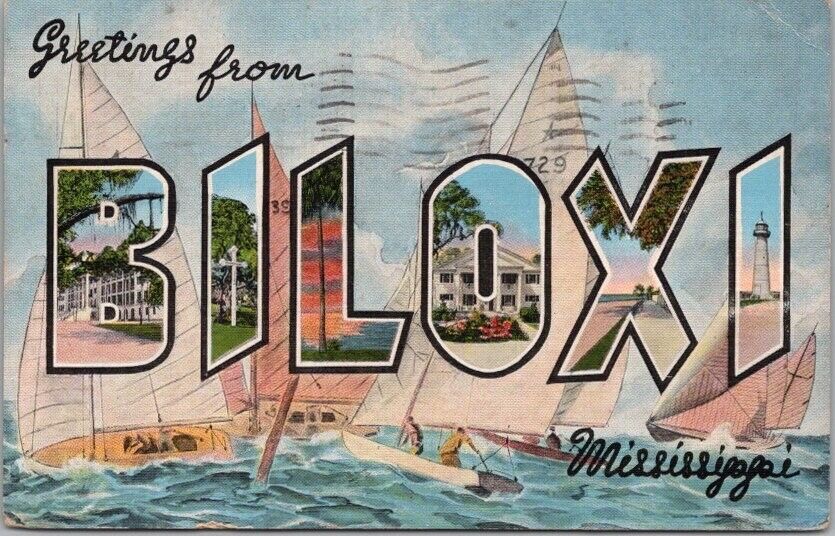 BILOXI, Mississippi Large Letter Postcard Yacht Race Scene / KROPP Linen 1943