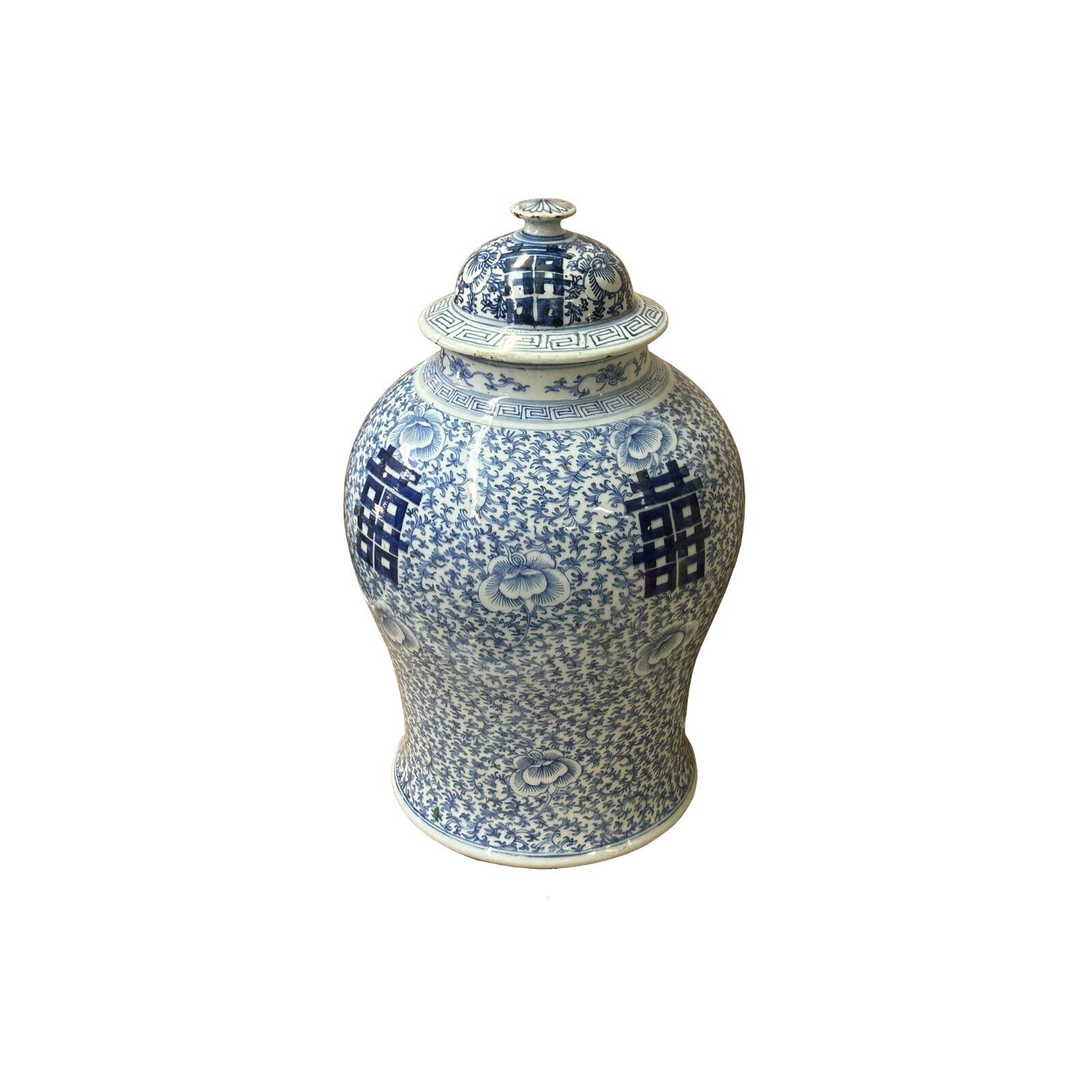 Chinese Blue White Floral Double Happiness Graphic General Temple Jar ws3944 CC