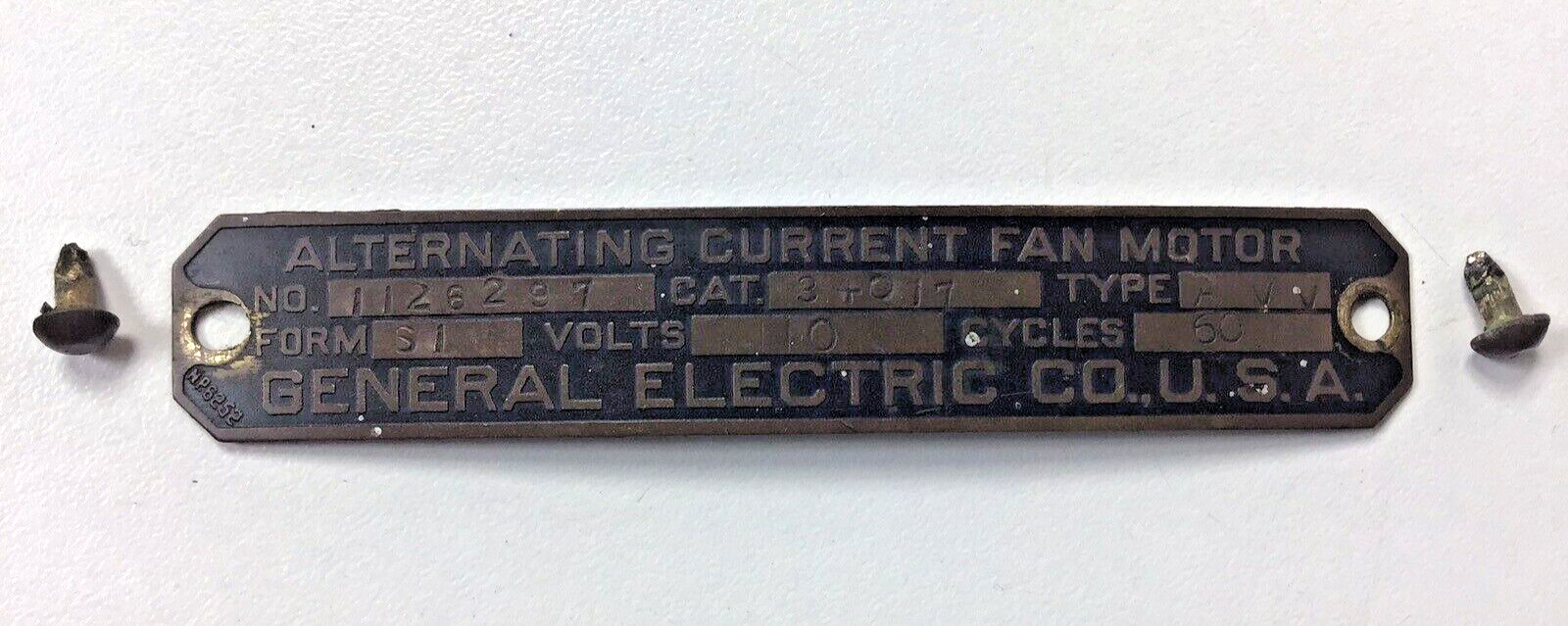 Vintage Antique Original General Electric GE Fan Motor ID Tag Cat 34017 Form S1