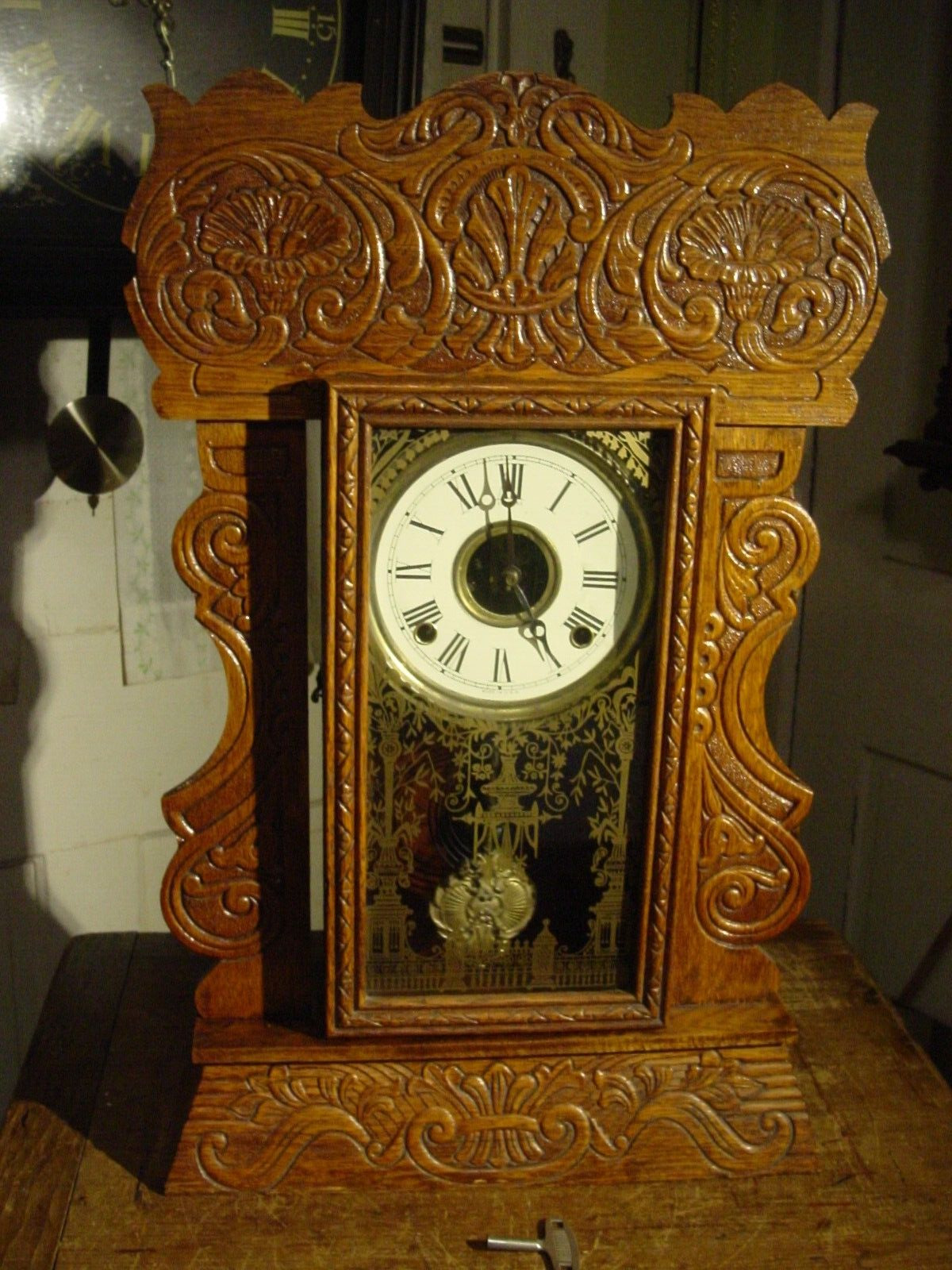ANTIQUE RARE SESSIONS 1913 LARGE OAK  8 DAY PARLOR SHELF CLOCK WORKING WELL