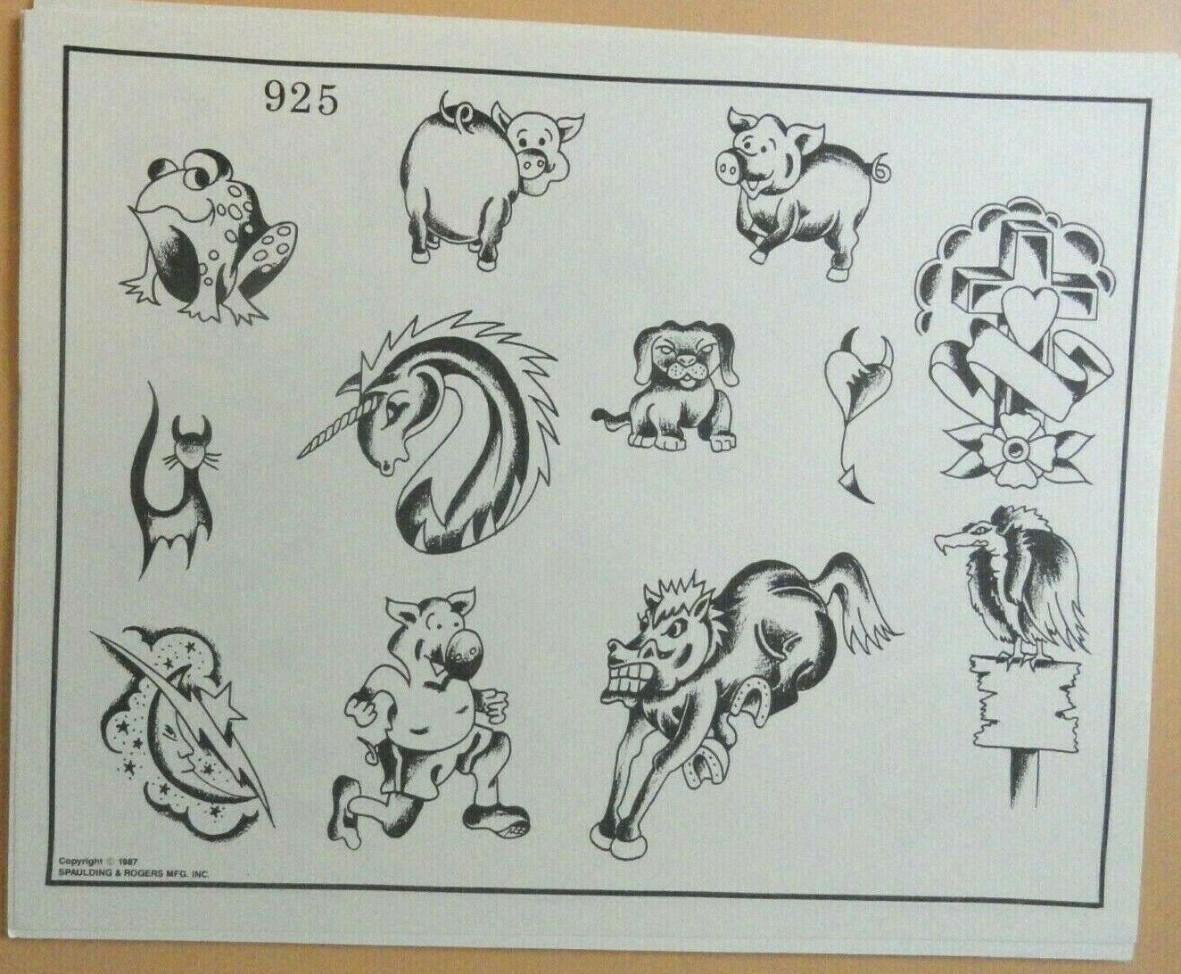 Vintage RARE 1987 Spaulding & Rogers Tattoo Flash Sheet #925 Pigs Vulture Frog