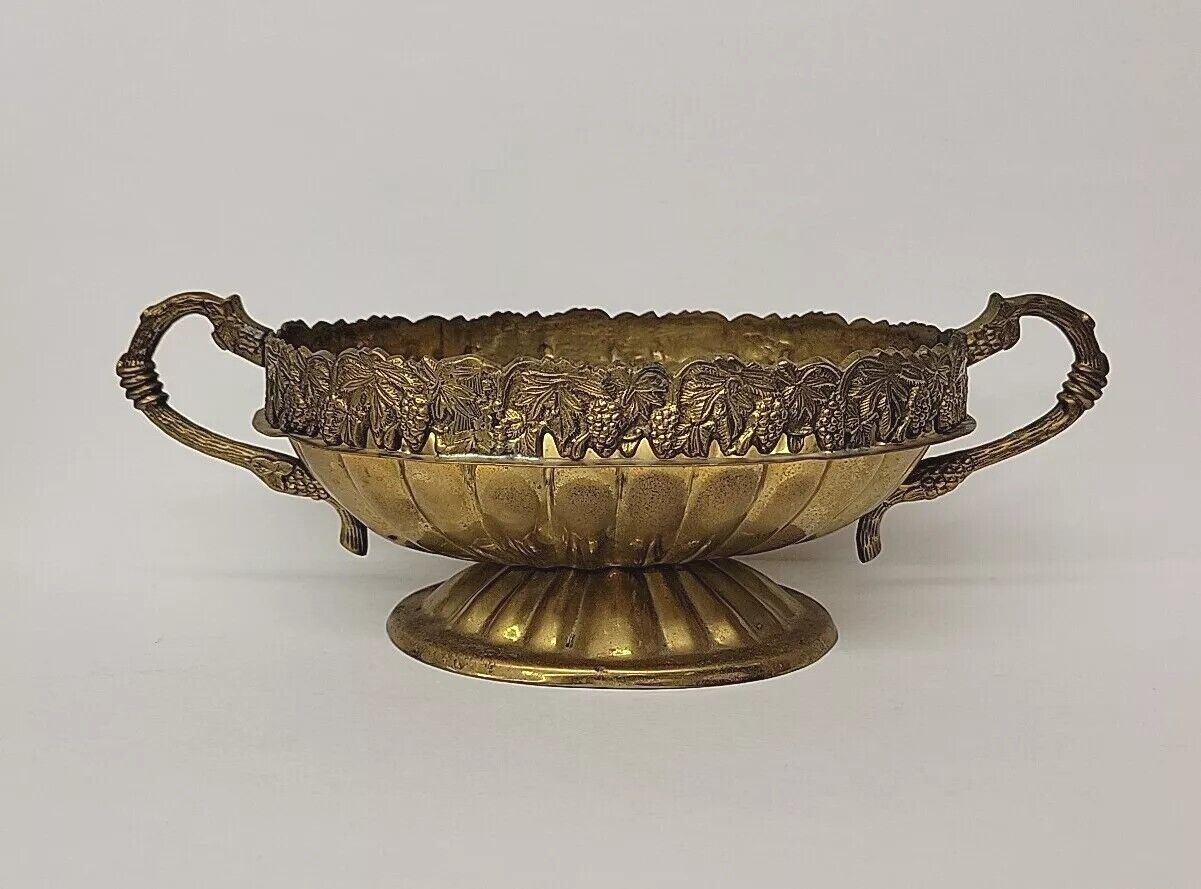 Vintage Hosley Solid Brass Pedestal Centerpiece Bowl Grapevine Design w Handles