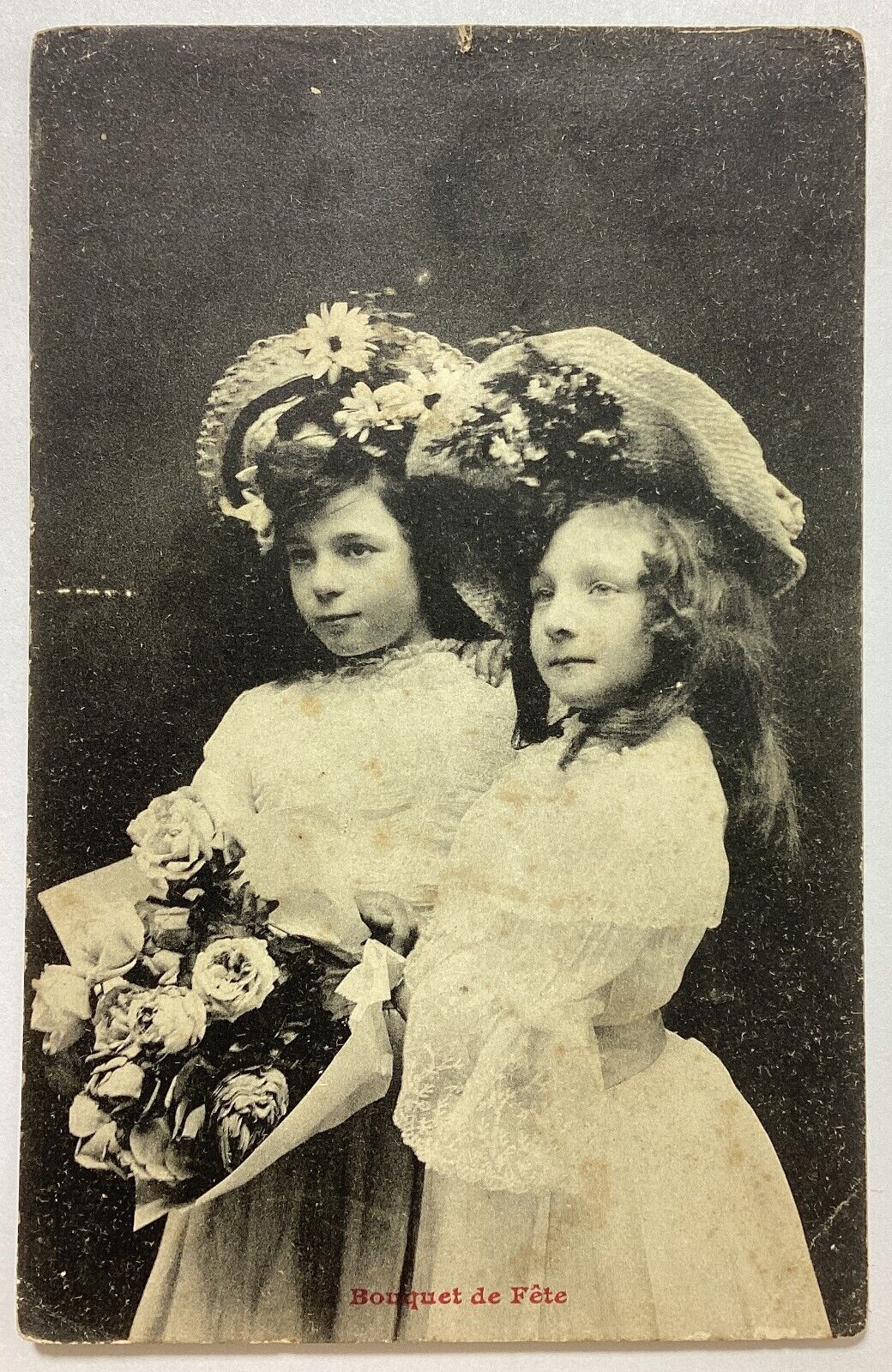 2 Girls Bouquet of Flowers Real Photo Vintage French RPPC Postcard Posted