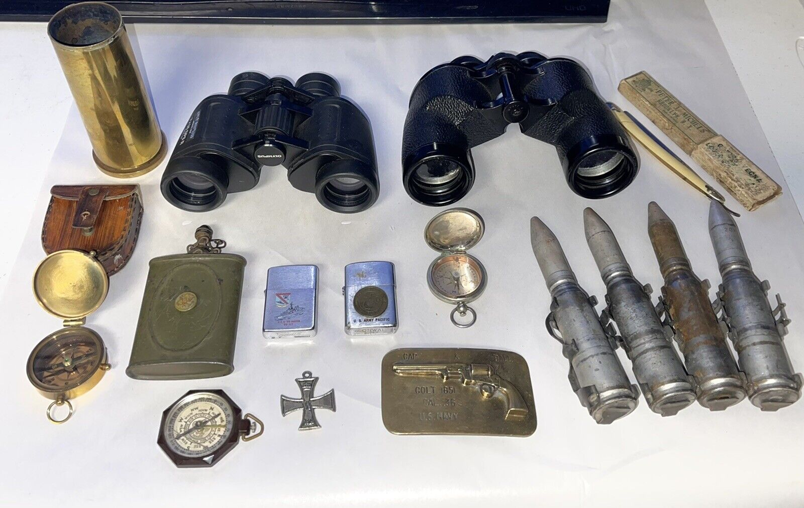 Vintage WWI & WWII Militaria + Binoculars, Compasses, Buckles & Razor Blade