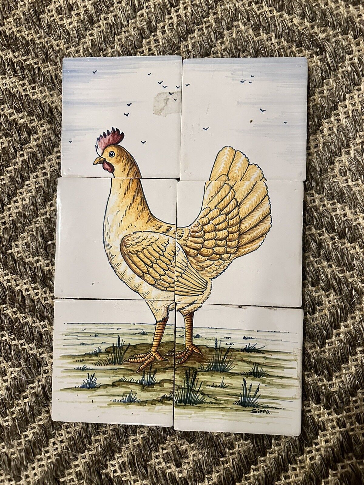 Vintage delft Style Tile Panel Mural Hen Rooster Bird Chicken 5x5” Tiles