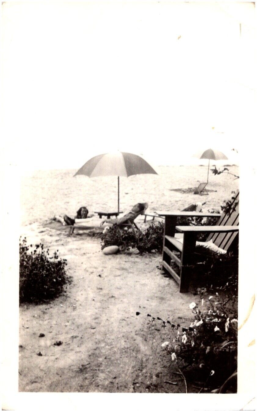 Couple Lounging at the Beach Reclining Chair & Umbrella 1940s Found Photo