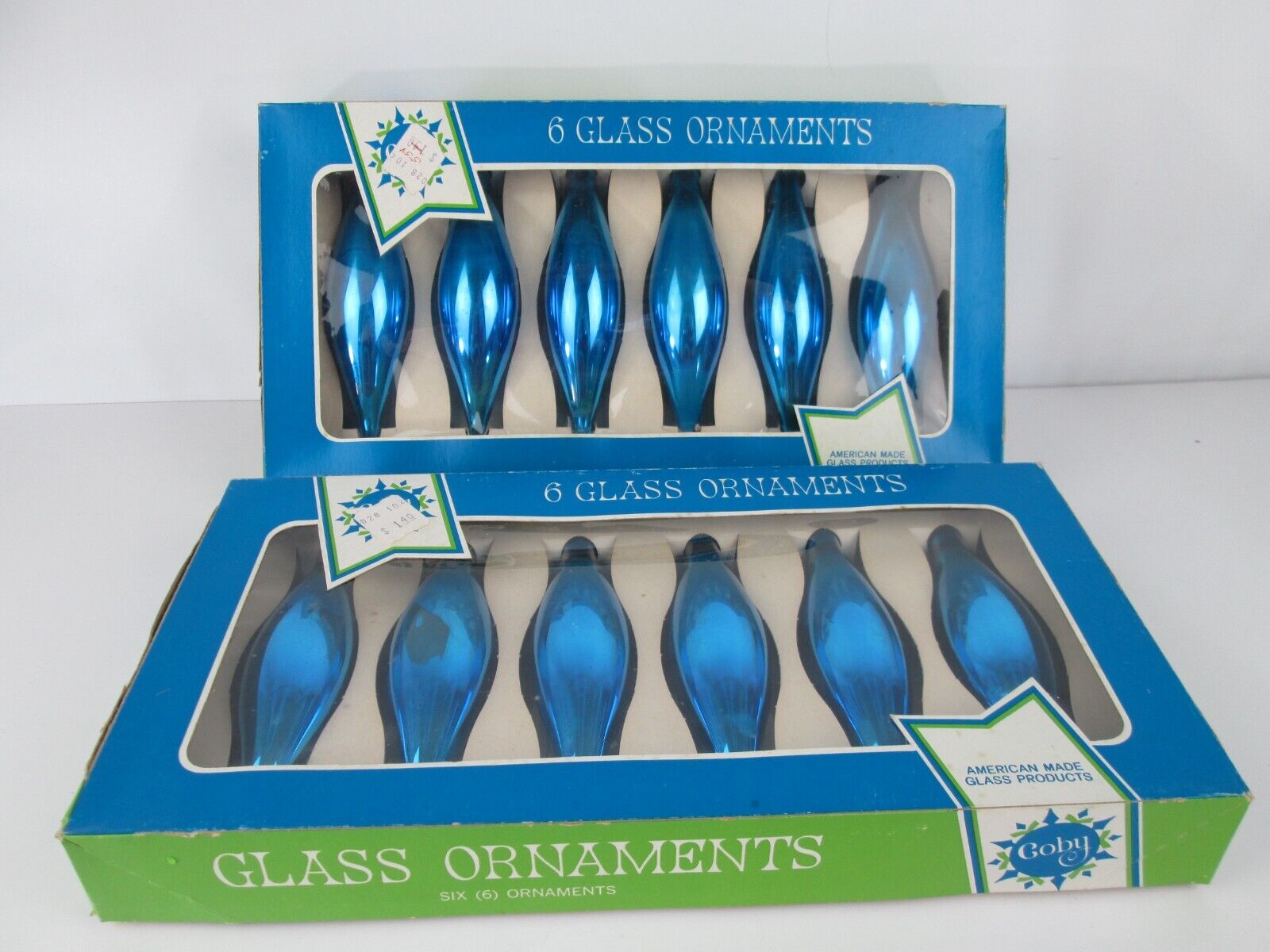VTG Coby Glass Christmas Tree Ornament Set Of 12 BLUE Teardrop in Box
