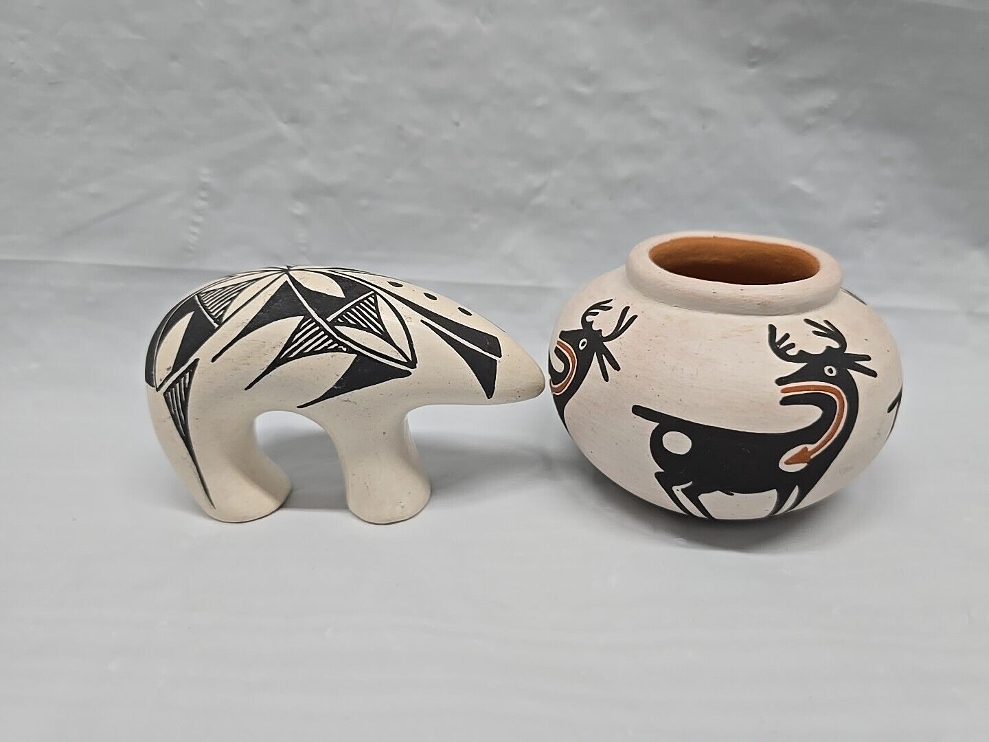 Zuni Pueblo Pottery Bear Figurine + Deer Vase New Mexico Signed Eileen Yatsattie