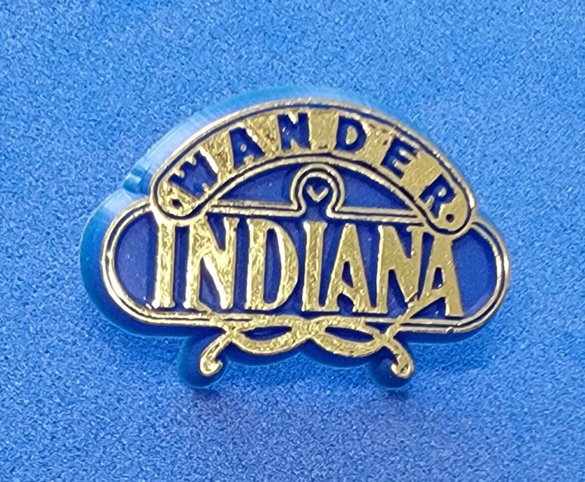 VINTAGE WANDER INDIANA PIN PINBACK BUTTON GOLD TONE AND BLUE