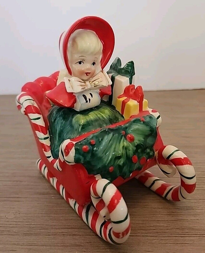 Vintage 1950\'s Lefton Christmas Girl Candy Cane Sleigh Figurine