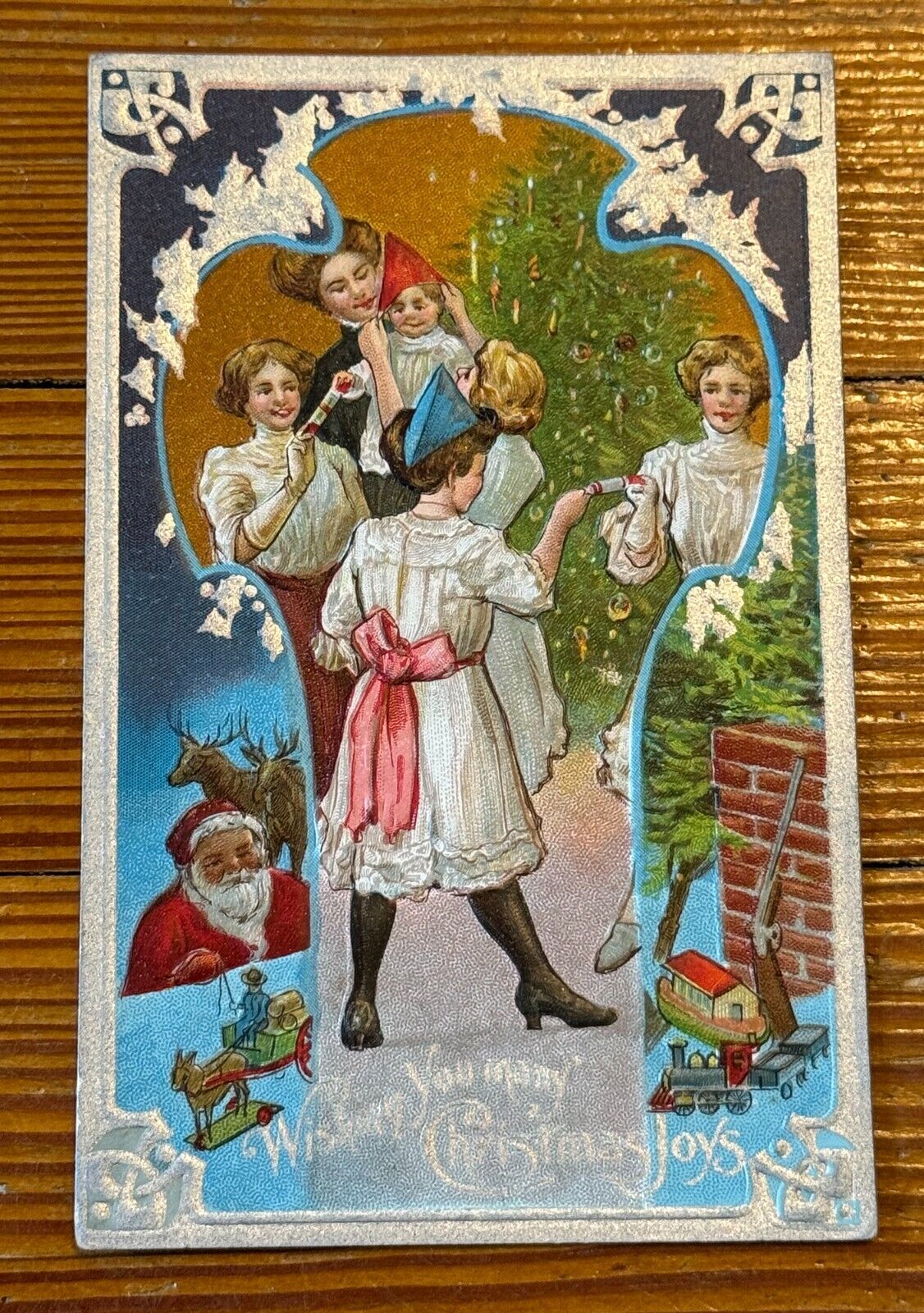 Antique NIGHT BEFORE CHRISTMAS Postcard SANTA Reindeer BB Gun TOYS vtg Series 1
