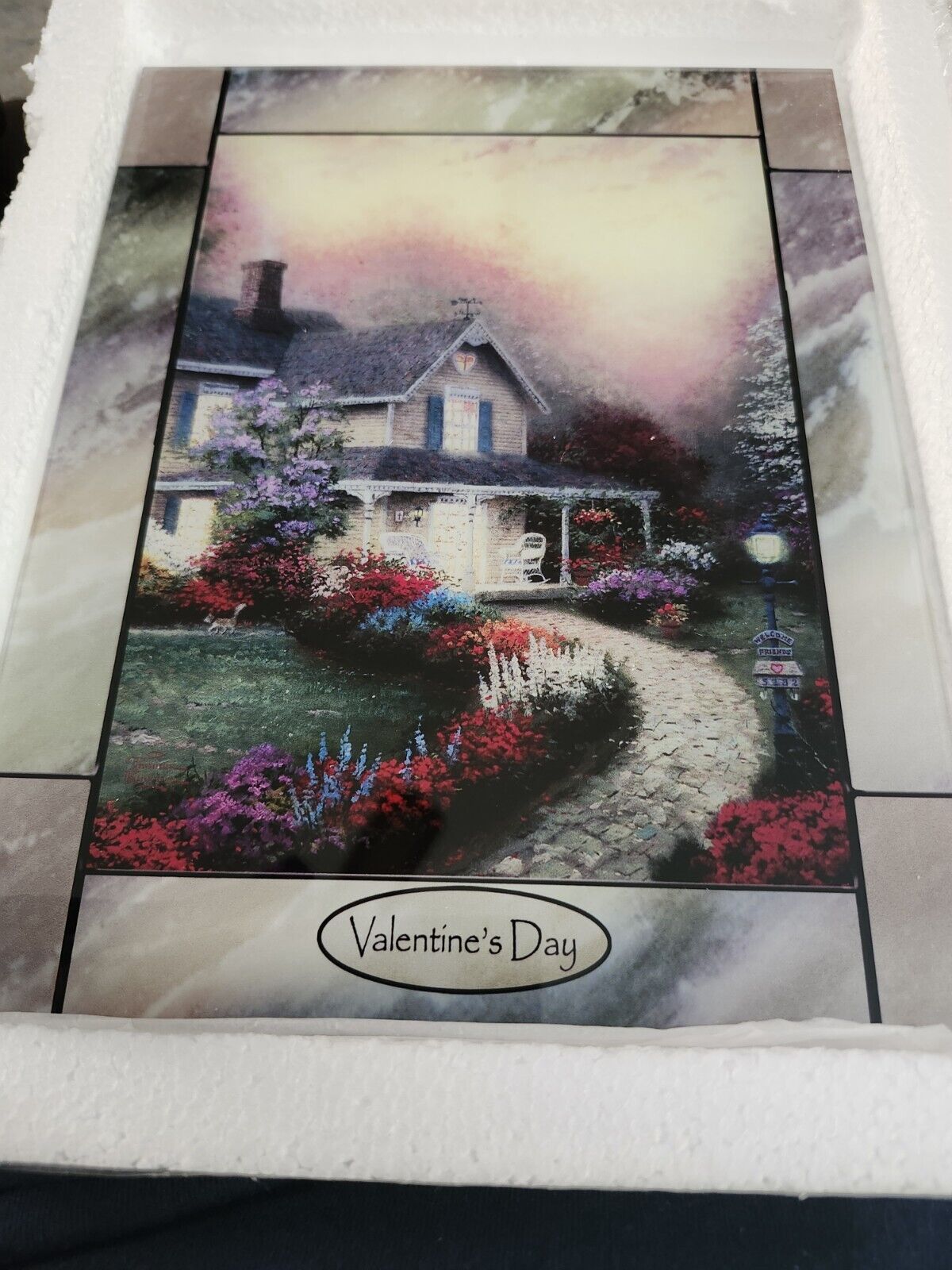 Thomas Kinkade Lighted Stained-Glass Clock Collection Panel Valentine\'s Day New 